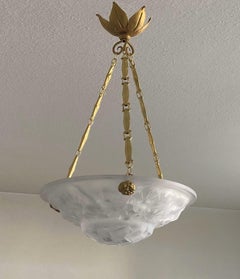 Degue Art Deco Frosted Glass Pendant Chandelier, Signed, France, 1930s