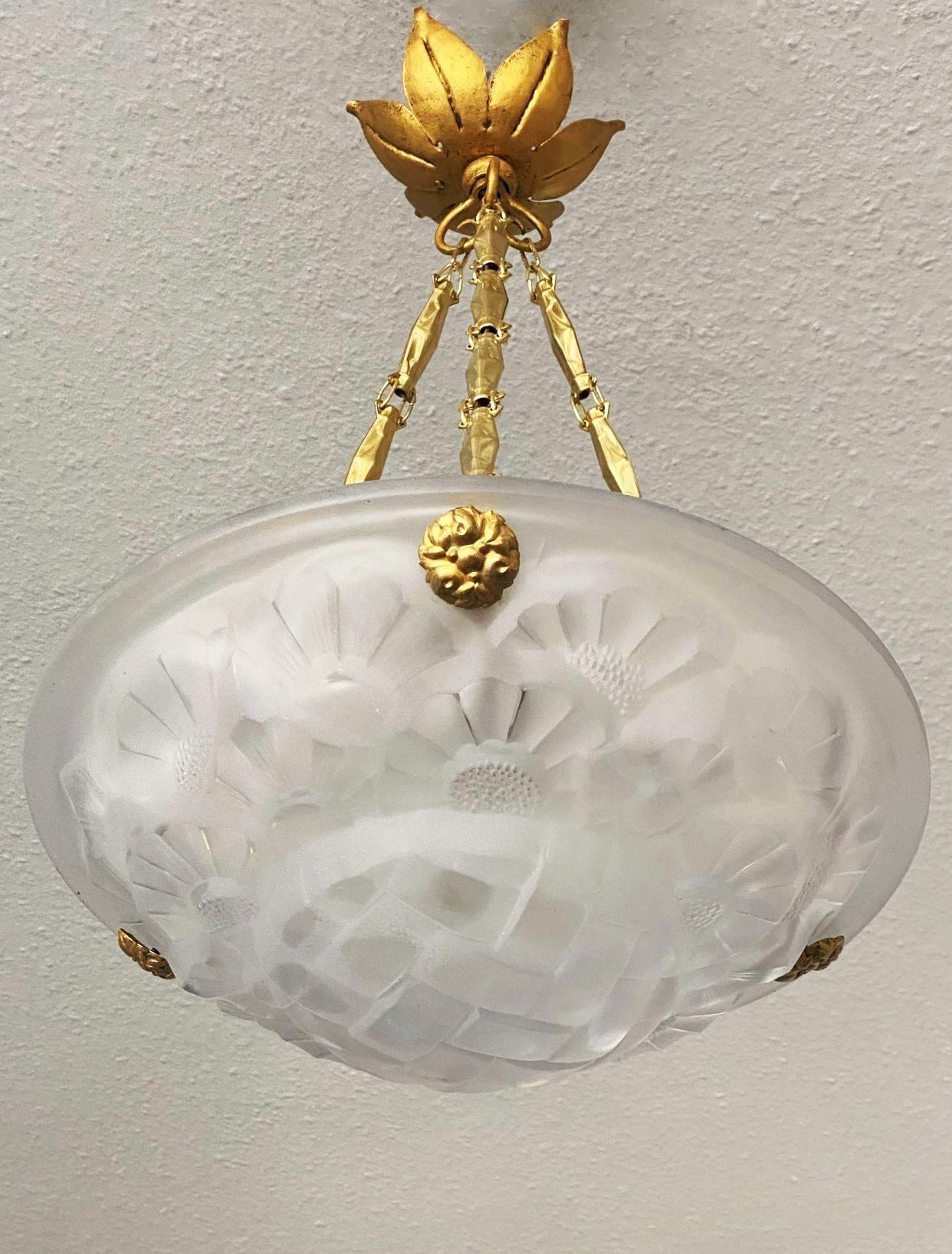 Brass Degue Art Deco Frosted Glass Pendant Chandelier, Signed, France, 1930s For Sale