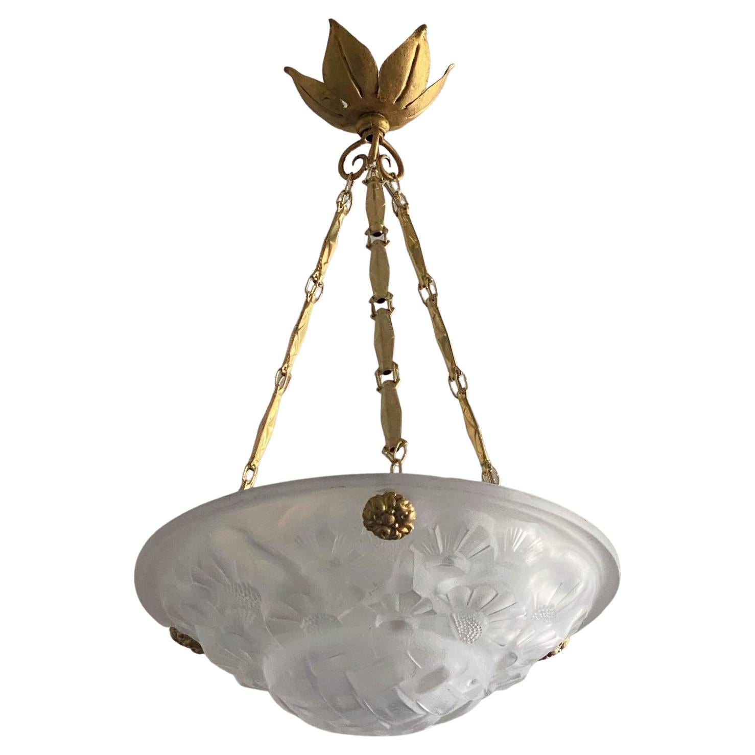 Degue Art Deco Frosted Glass Pendant Chandelier, Signed, France, 1930s