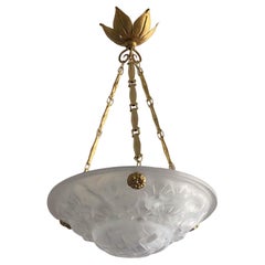 Art Deco Frosted White Glass Pendant Chandelier, by Degue, France, 1930s, Signed