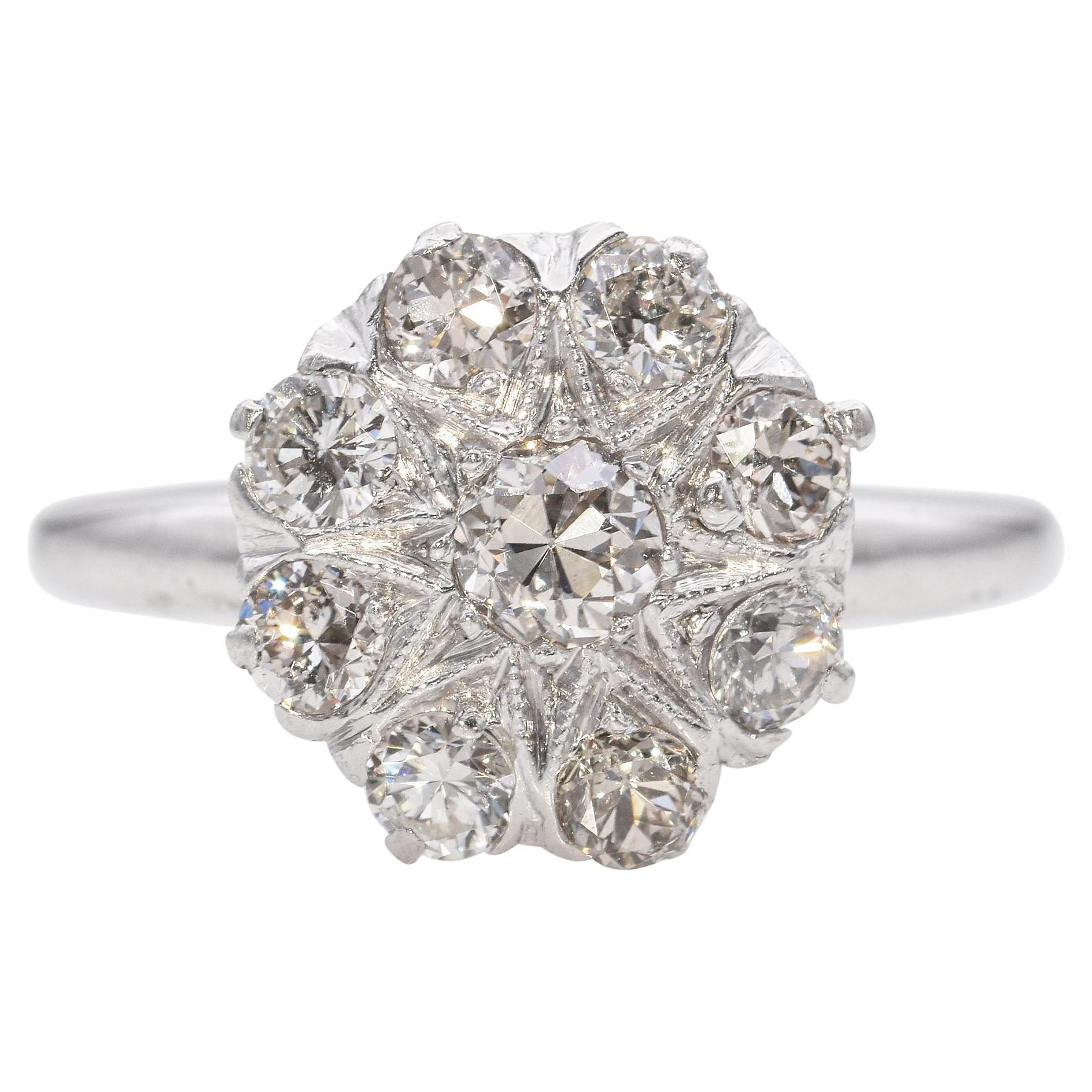 Art Deco White Gold 0.65 TCW Diamond Cluster Ring