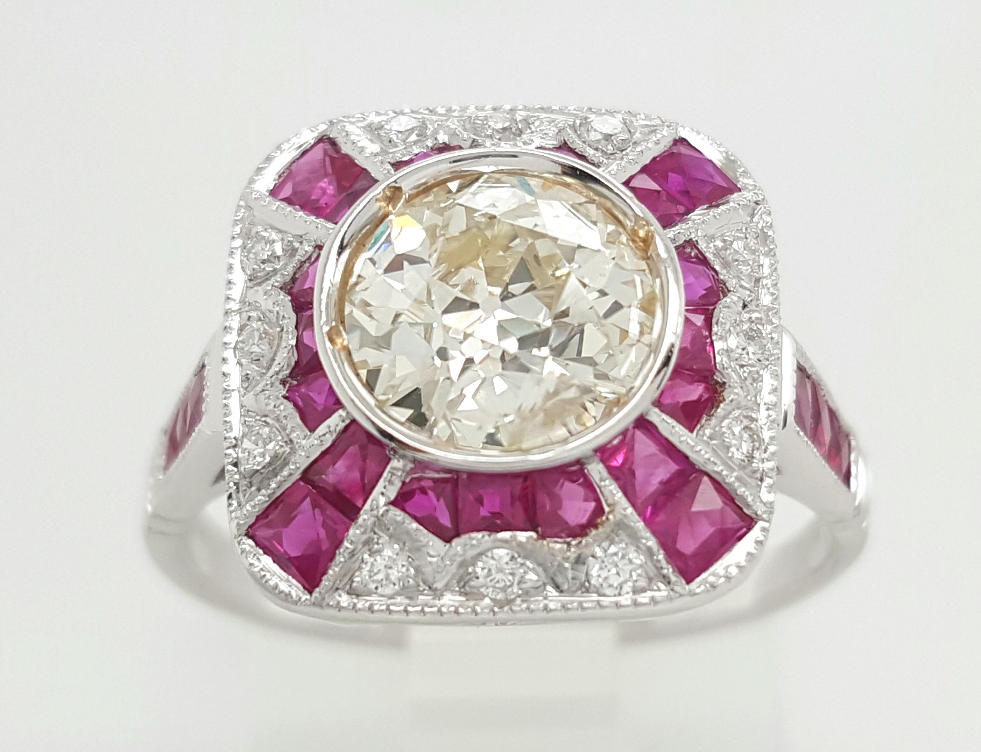 Anillo Halo de Rubí con Diamantes de Corte Europeo Antiguo de 1,5 Quilates en Oro Blanco Inspirado en el Art Decó en Bueno estado para la venta en Addison, TX