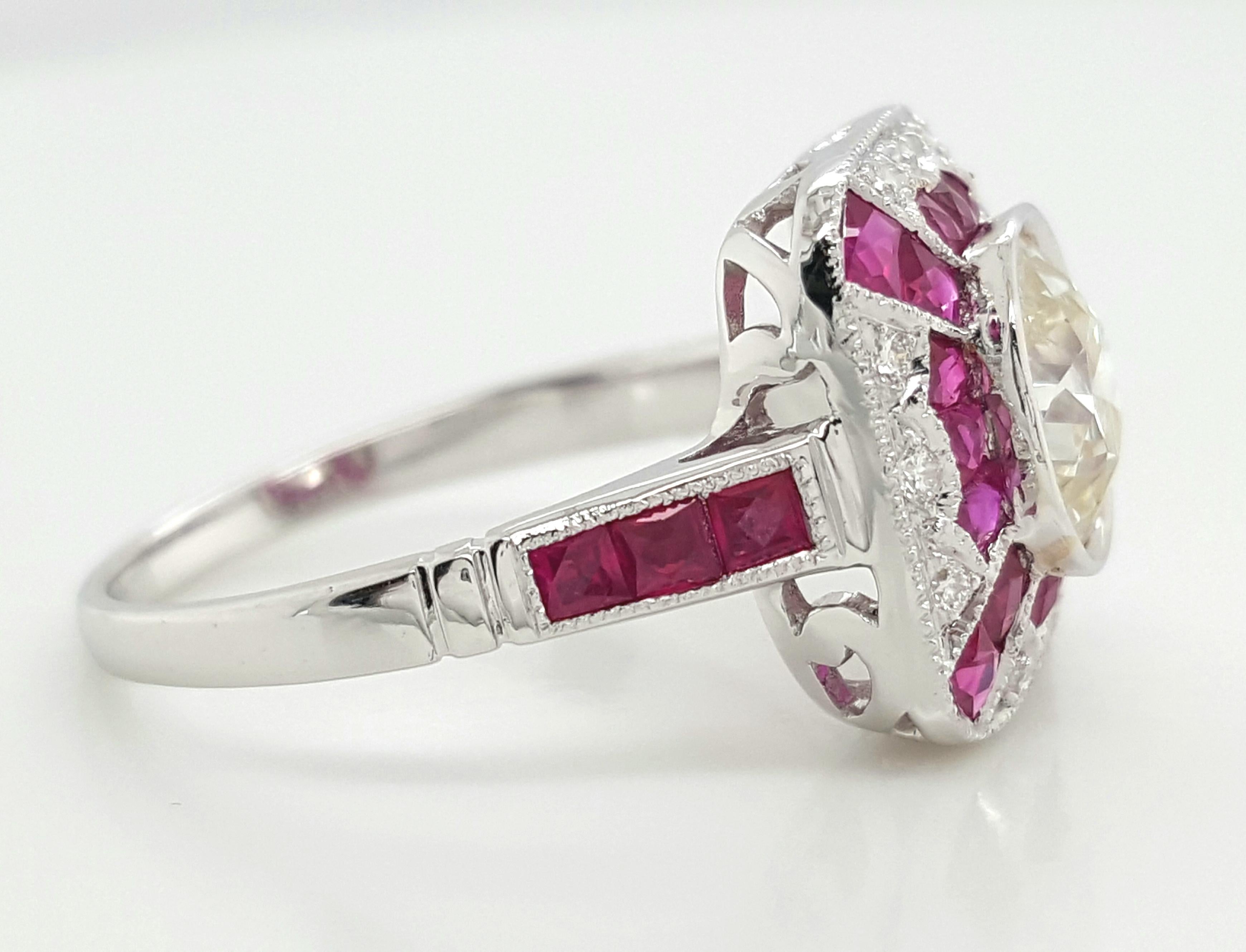 De las mujeres Anillo Halo de Rubí con Diamantes de Corte Europeo Antiguo de 1,5 Quilates en Oro Blanco Inspirado en el Art Decó en venta