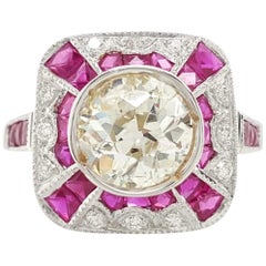 Art Deco inspirierter Weißgold 1,5 Karat Diamant-Rubin-Halo-Ring mit alteuropäischem Schliff