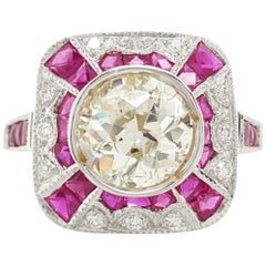 Art Deco Inspired White Gold 1.5 Carat Old European Cut Diamond Ruby Halo Ring