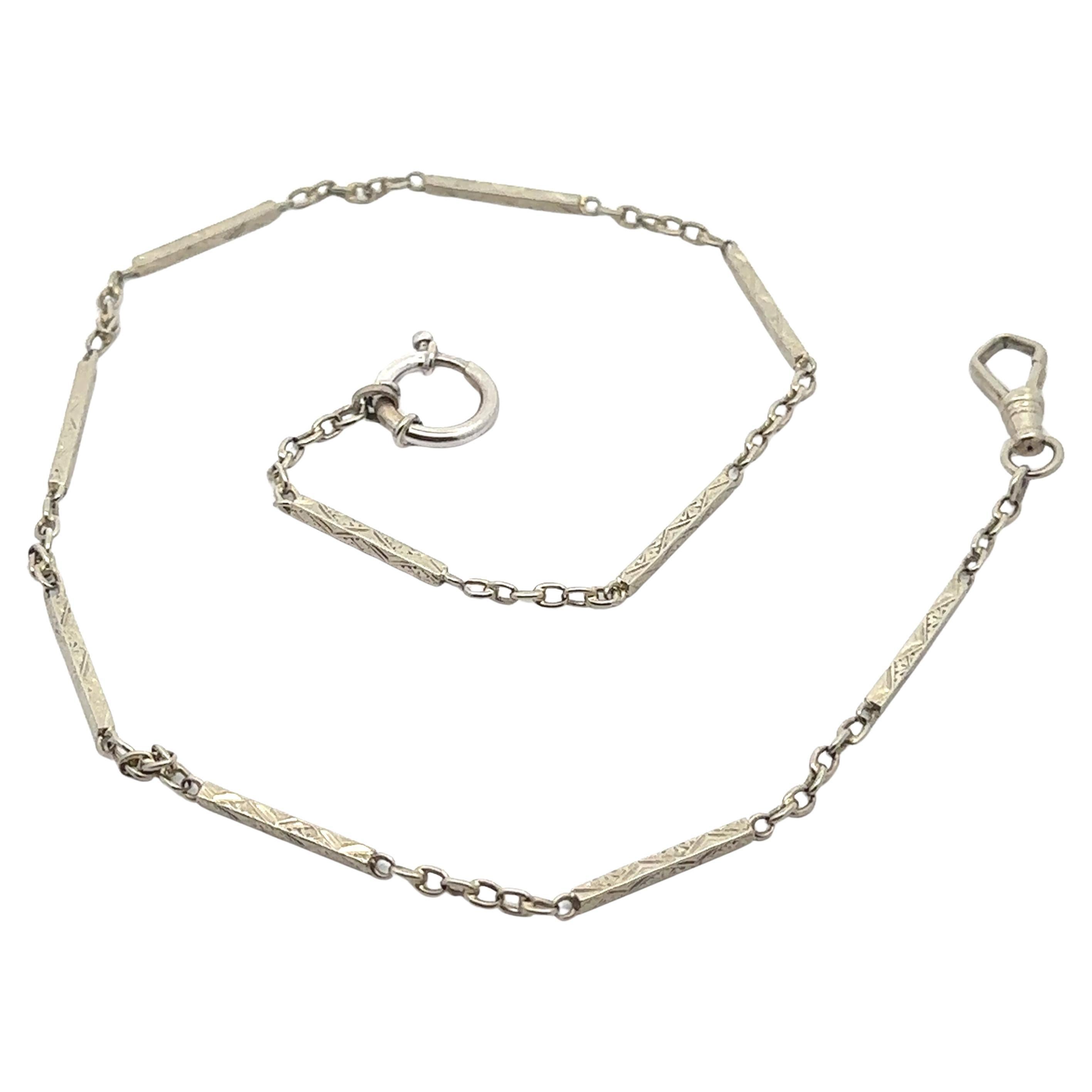 Art Deco White Gold 15" Engraved Square Boxy Cable Pocket Watch Chain Necklace