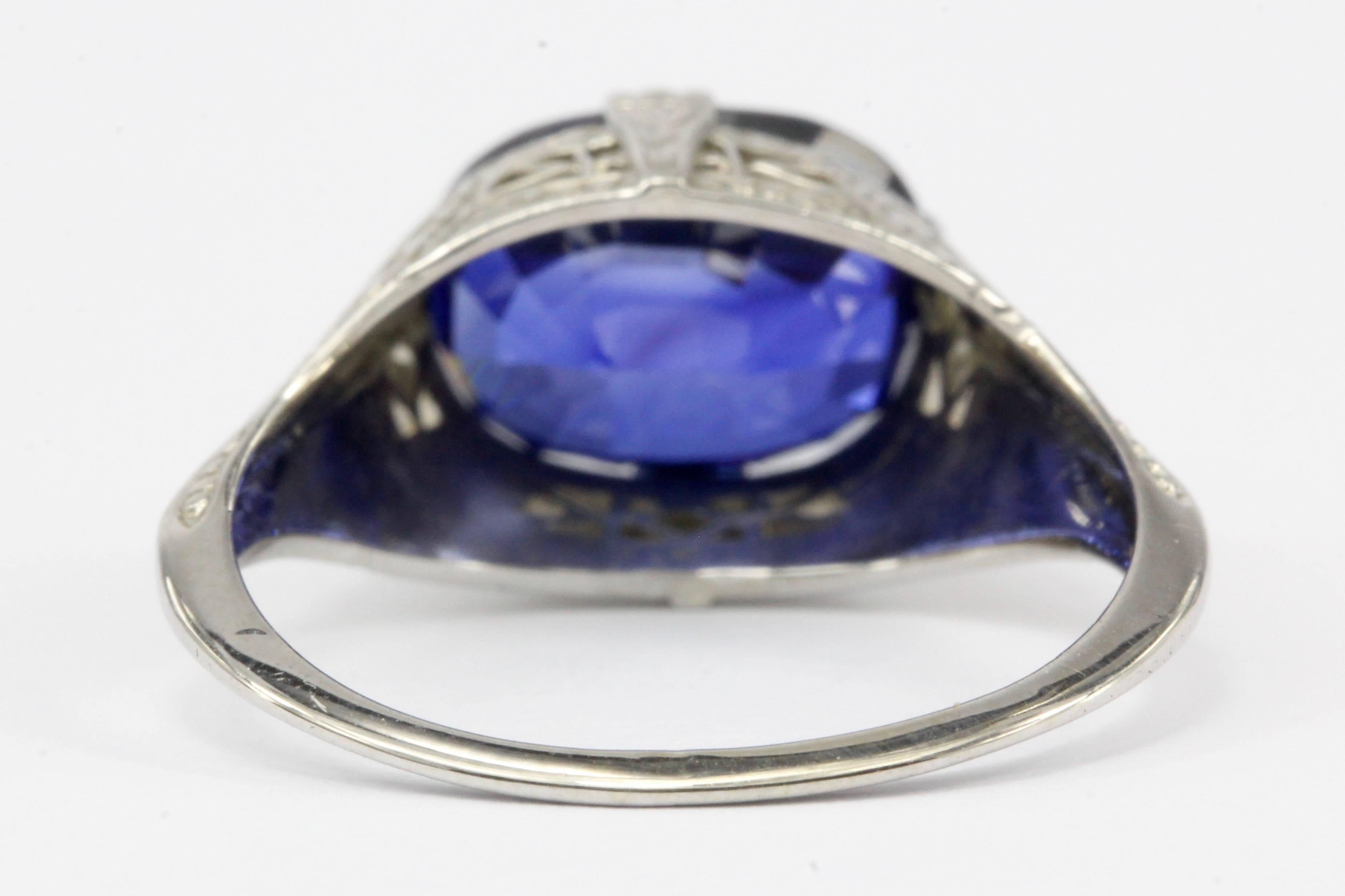 Art Deco White Gold 4.09 Carat Natural Gia Royal Blue Sapphire Ring 1