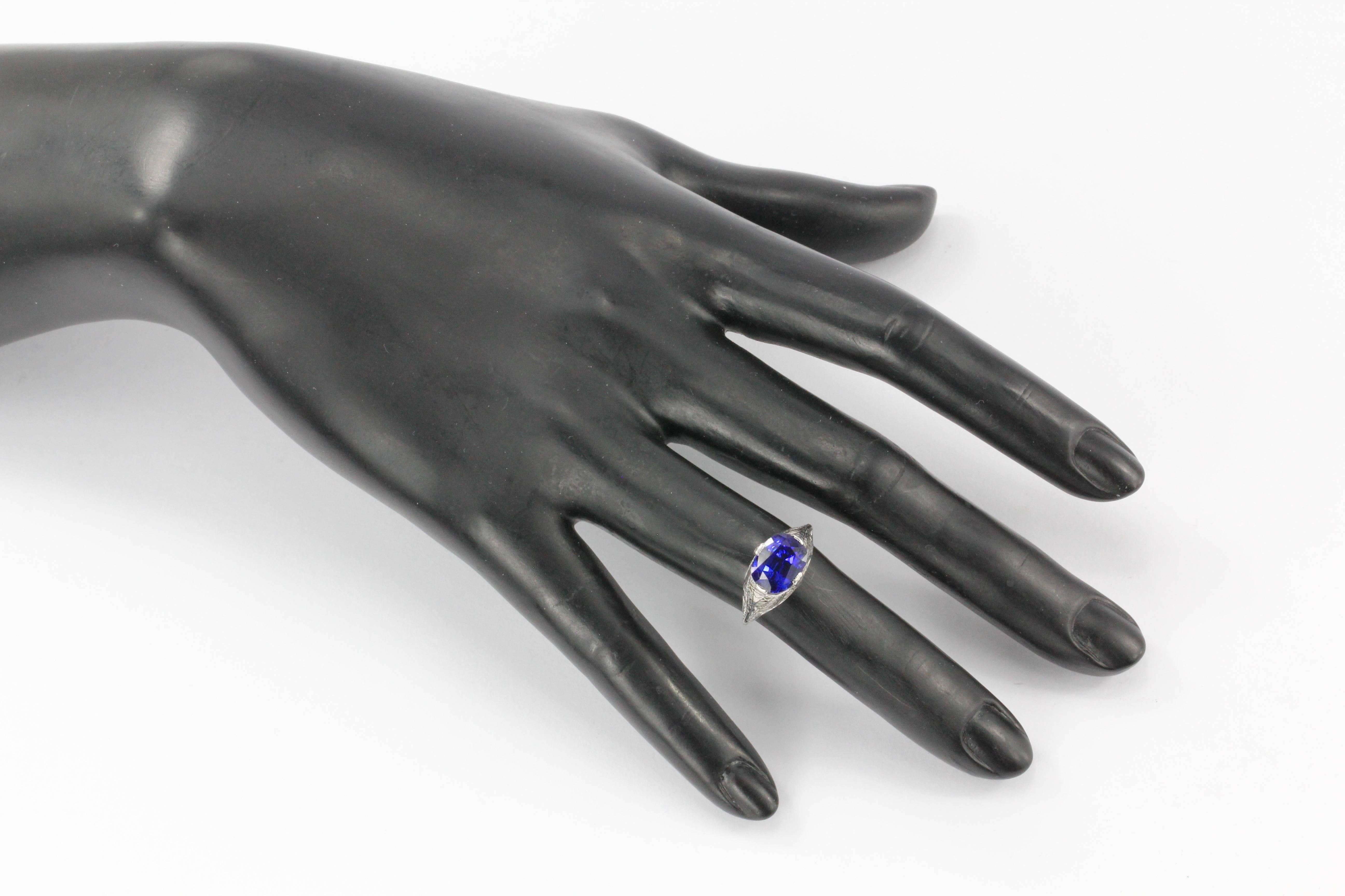 Art Deco White Gold 4.09 Carat Natural Gia Royal Blue Sapphire Ring 6