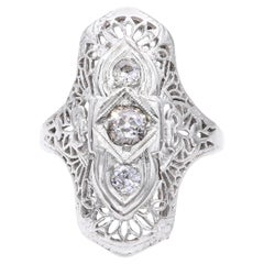 Art Deco White Gold .41ctw Old European Cut Diamond Shield Ring