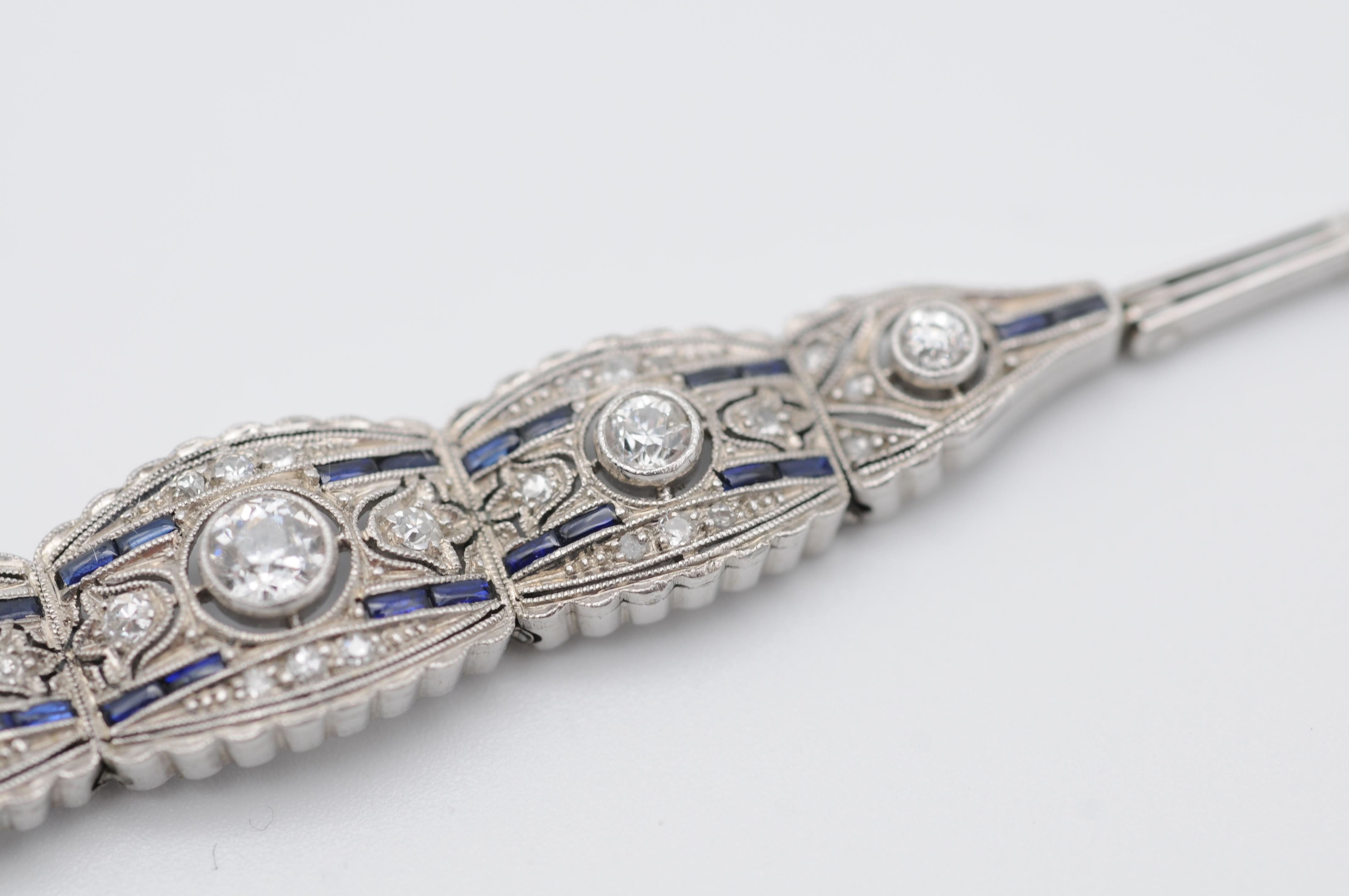 Art Deco White Gold Bracelet Diamonds and Sapphire   For Sale 5