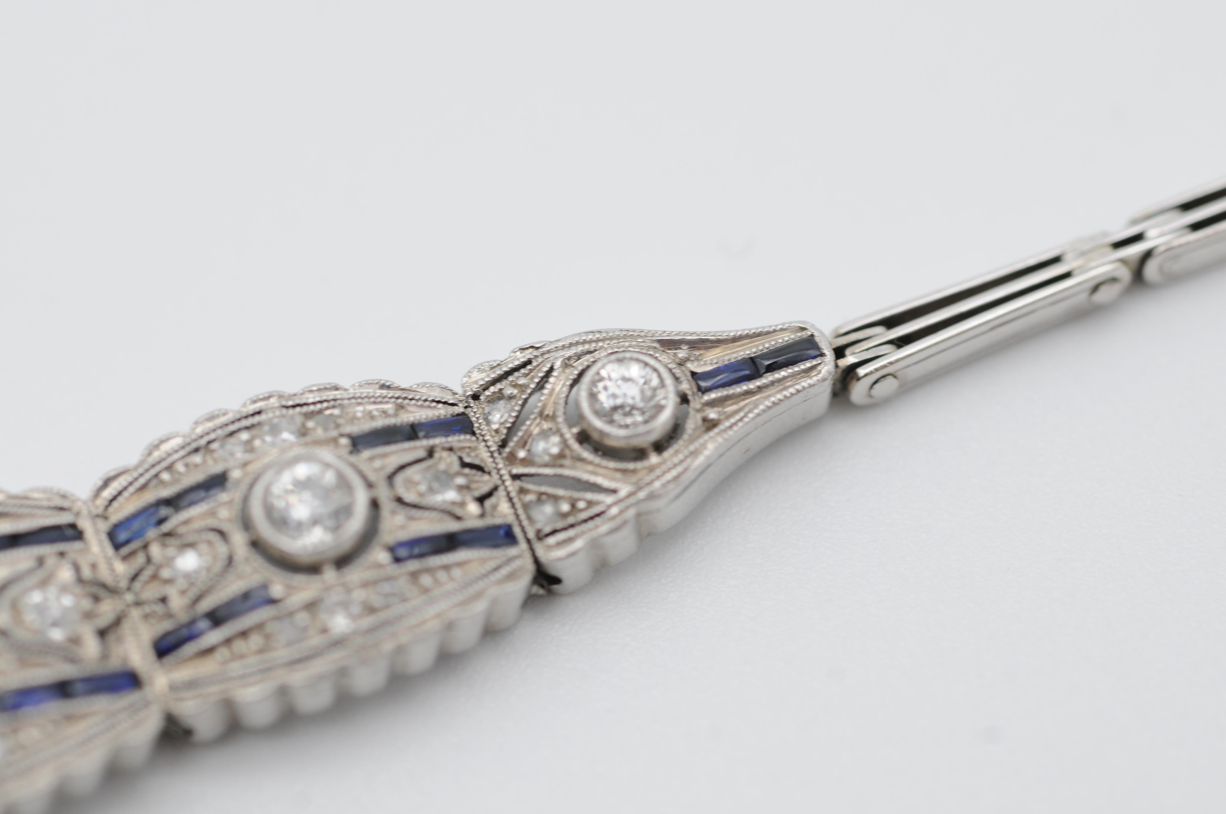 Art Deco White Gold Bracelet Diamonds and Sapphire   For Sale 6