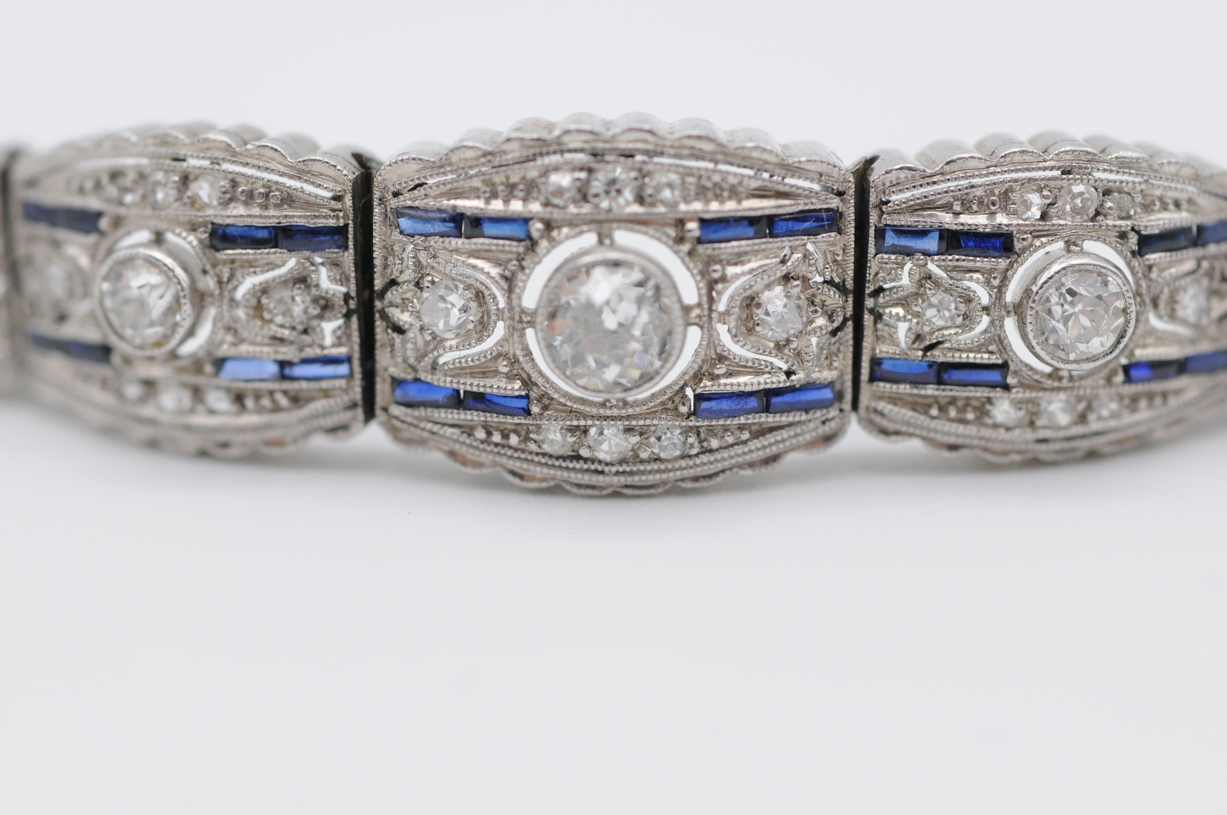 Art Deco White Gold Bracelet Diamonds and Sapphire   For Sale 7