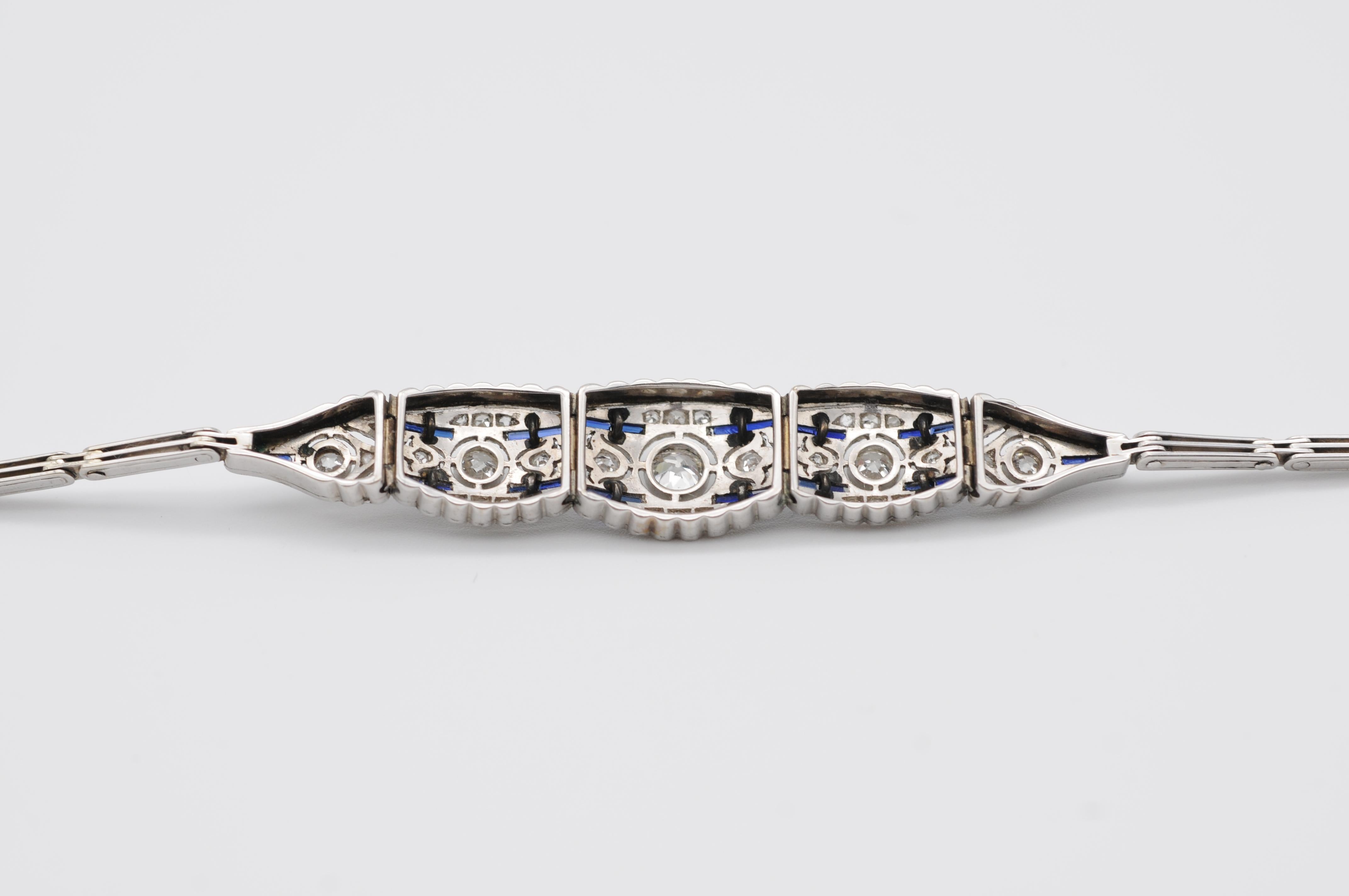 Art Deco White Gold Bracelet Diamonds and Sapphire   For Sale 11