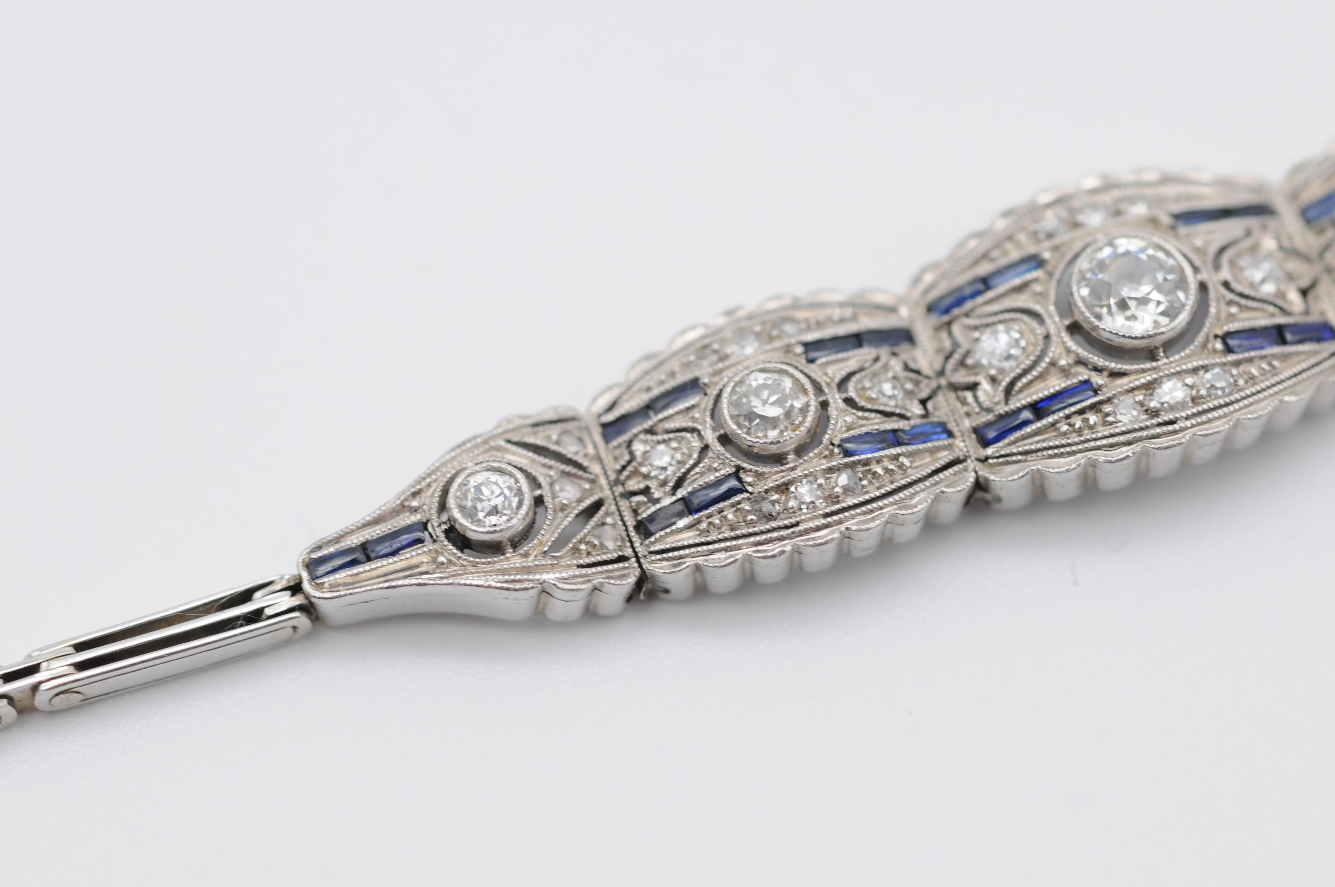 Art Deco White Gold Bracelet Diamonds and Sapphire   For Sale 3