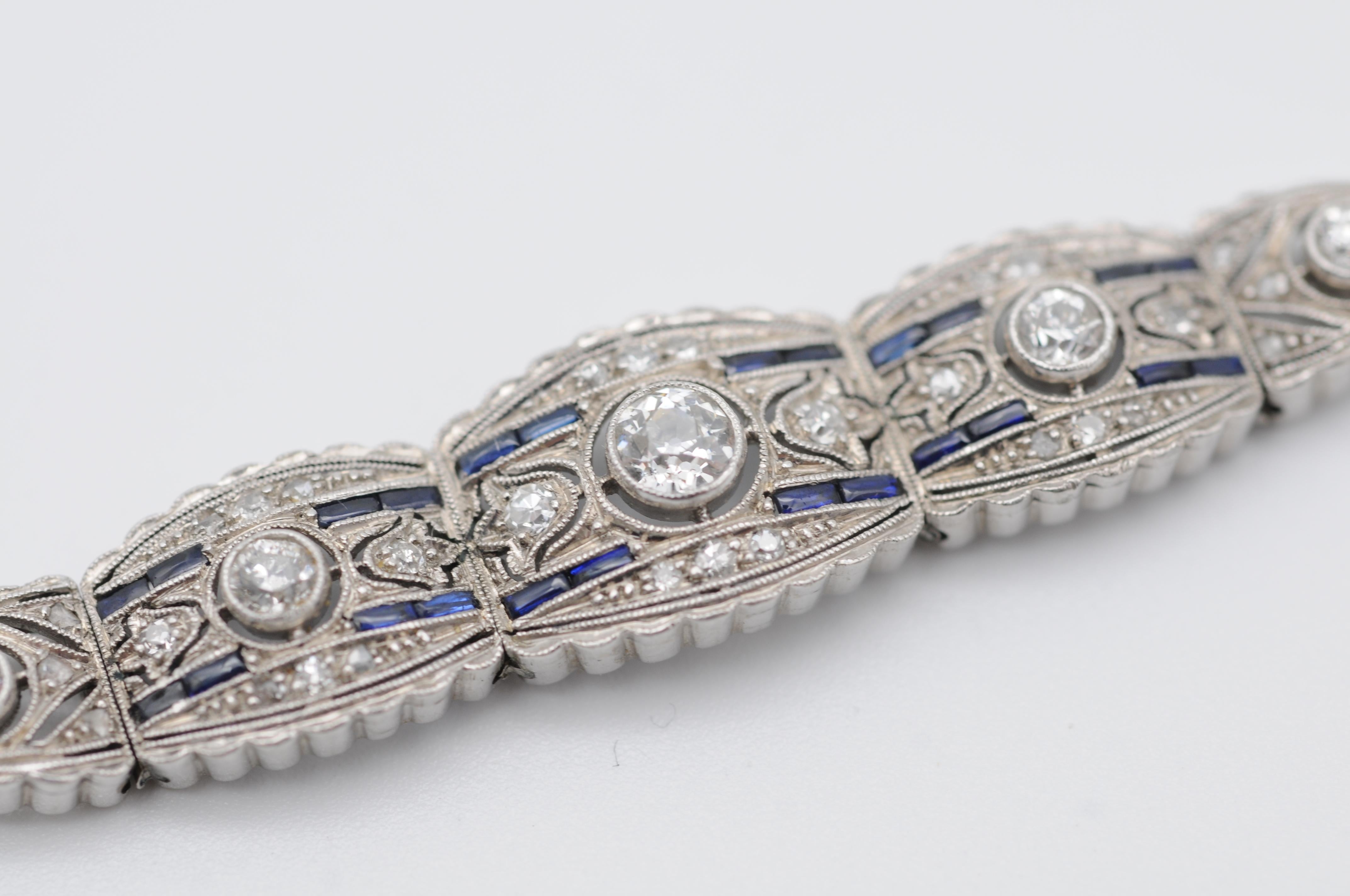 Art Deco White Gold Bracelet Diamonds and Sapphire   For Sale 4