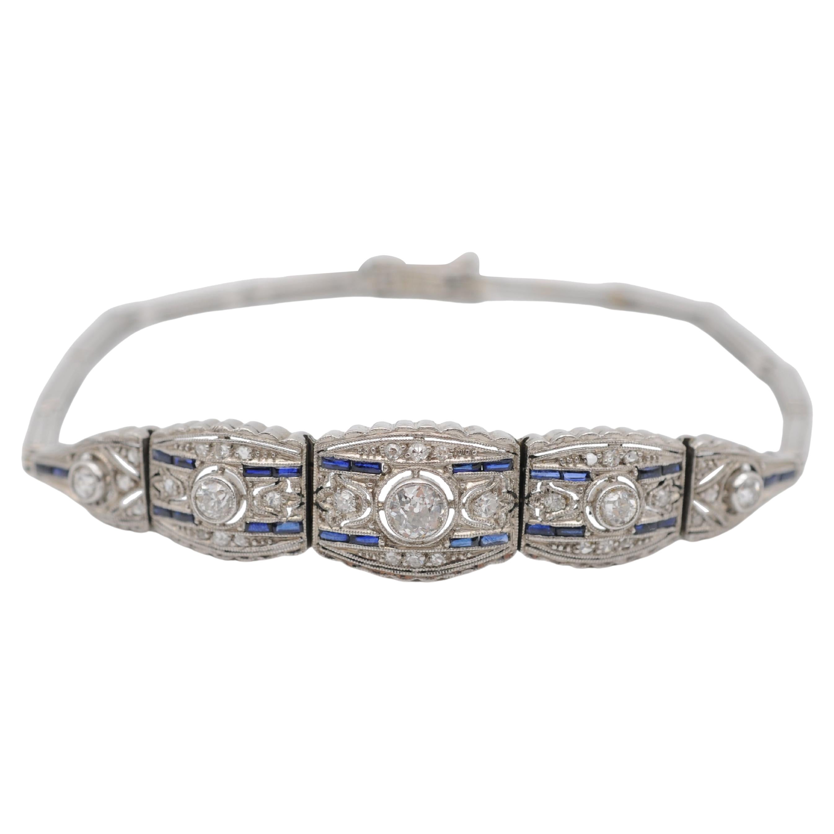 Art Deco Weißgold-Armband aus Weißgold mit Diamanten und Saphiren im Angebot