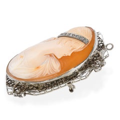 Art Deco White Gold Cameo Brooch with Old Cut Diamonds Filigree Frame