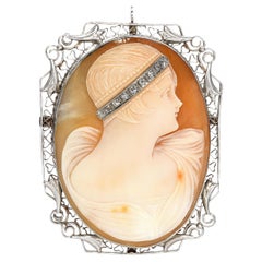 Art Deco White Gold Cameo Brooch with Old Cut Diamonds Filigree Frame