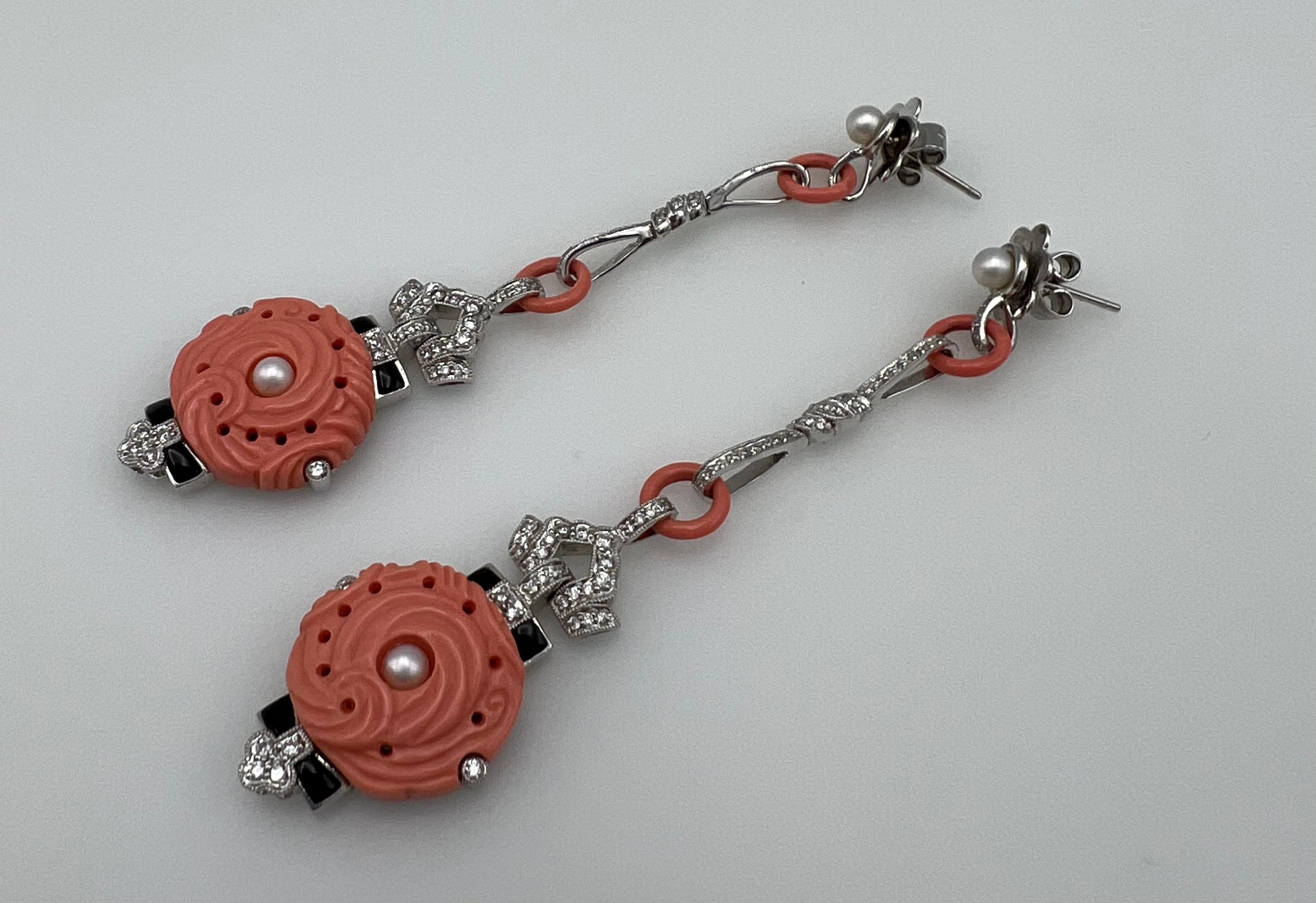 Art Deco White Gold Coral Diamond Pearl and Enamel Dangle Earrings For Sale 1