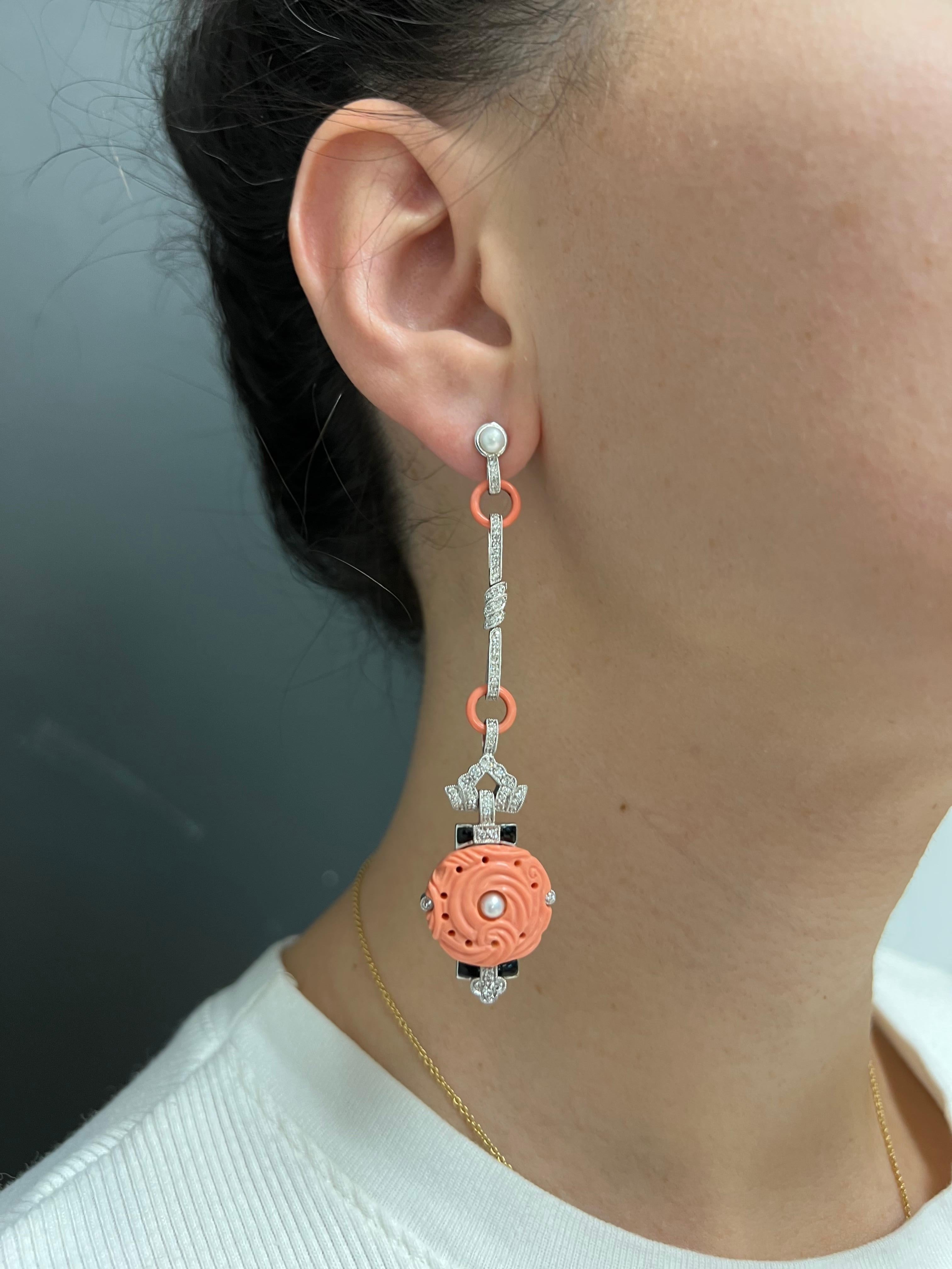 Art Deco White Gold Coral Diamond Pearl and Enamel Dangle Earrings For Sale 3