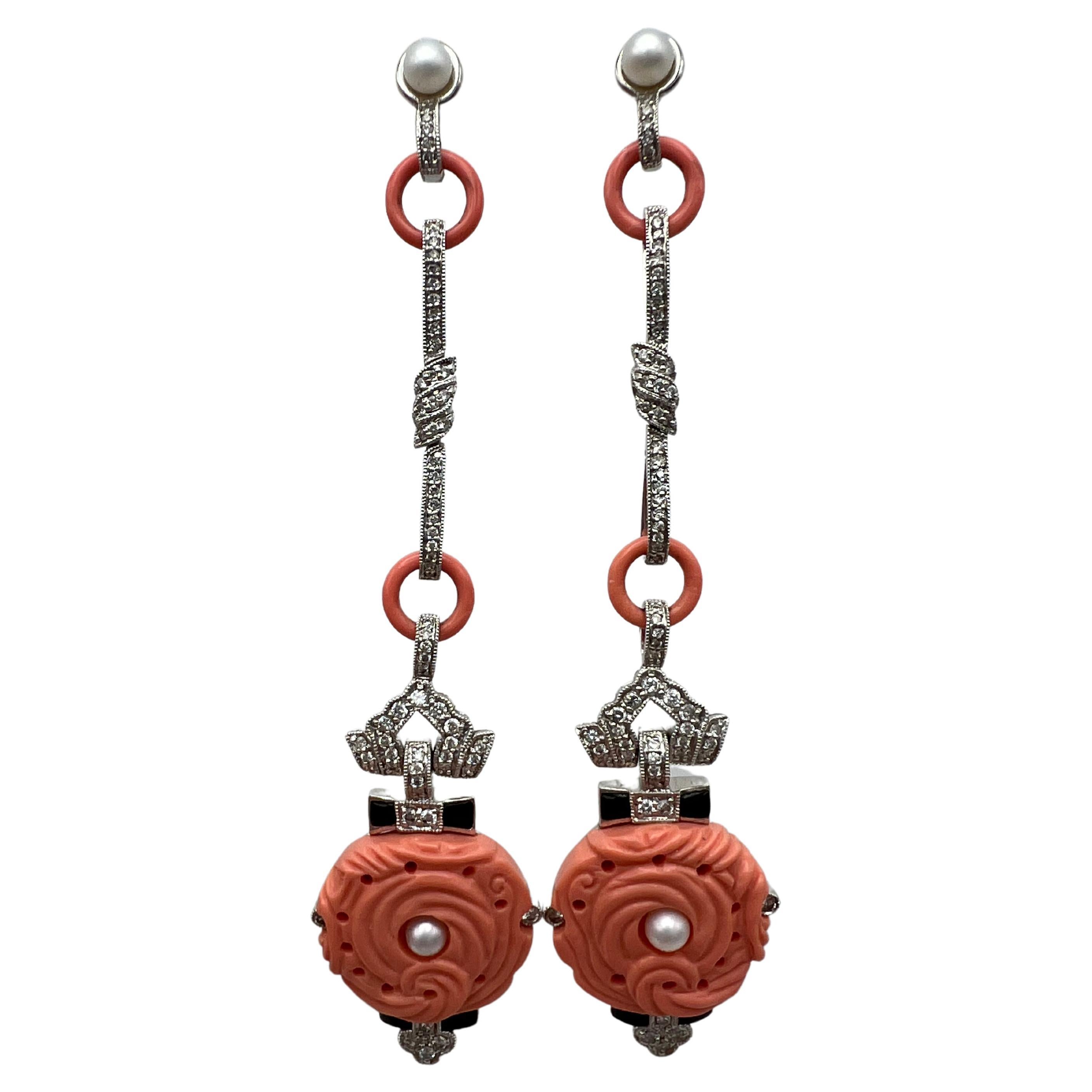Art Deco White Gold Coral Diamond Pearl and Enamel Dangle Earrings For Sale