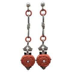 Antique Art Deco White Gold Coral Diamond Pearl and Enamel Dangle Earrings