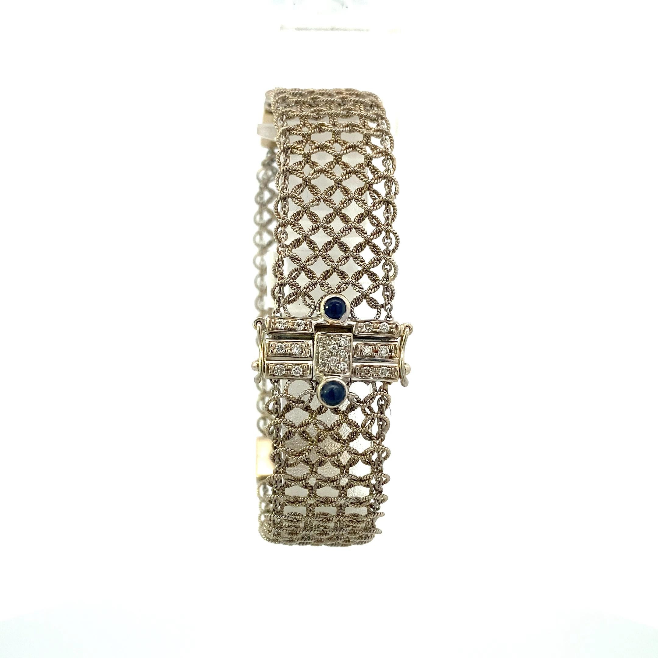 Round Cut Art Deco White Gold Diamond and Cabochon Sapphire Mesh Bracelet For Sale