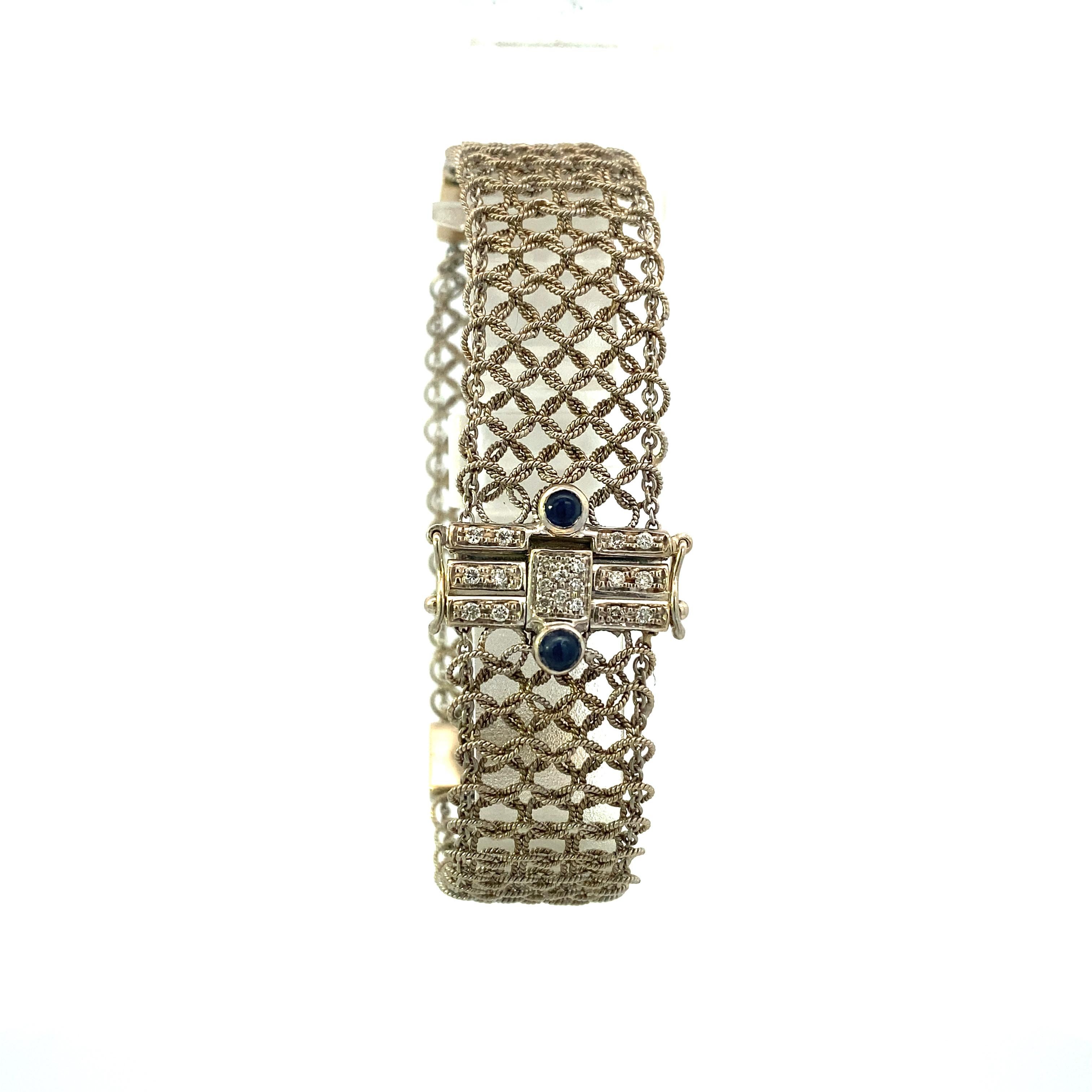 Art Deco White Gold Diamond and Cabochon Sapphire Mesh Bracelet In Good Condition For Sale In DALLAS, TX