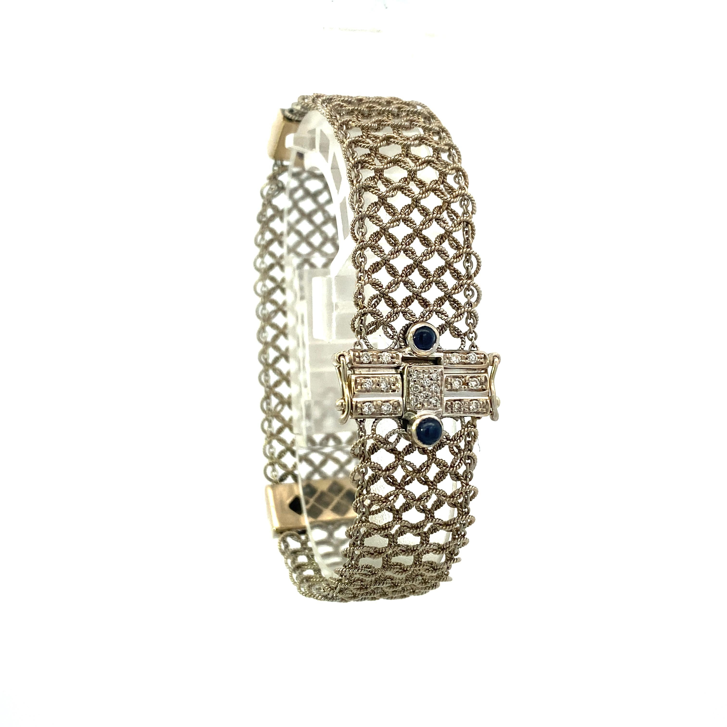 Women's or Men's Art Deco White Gold Diamond and Cabochon Sapphire Mesh Bracelet For Sale