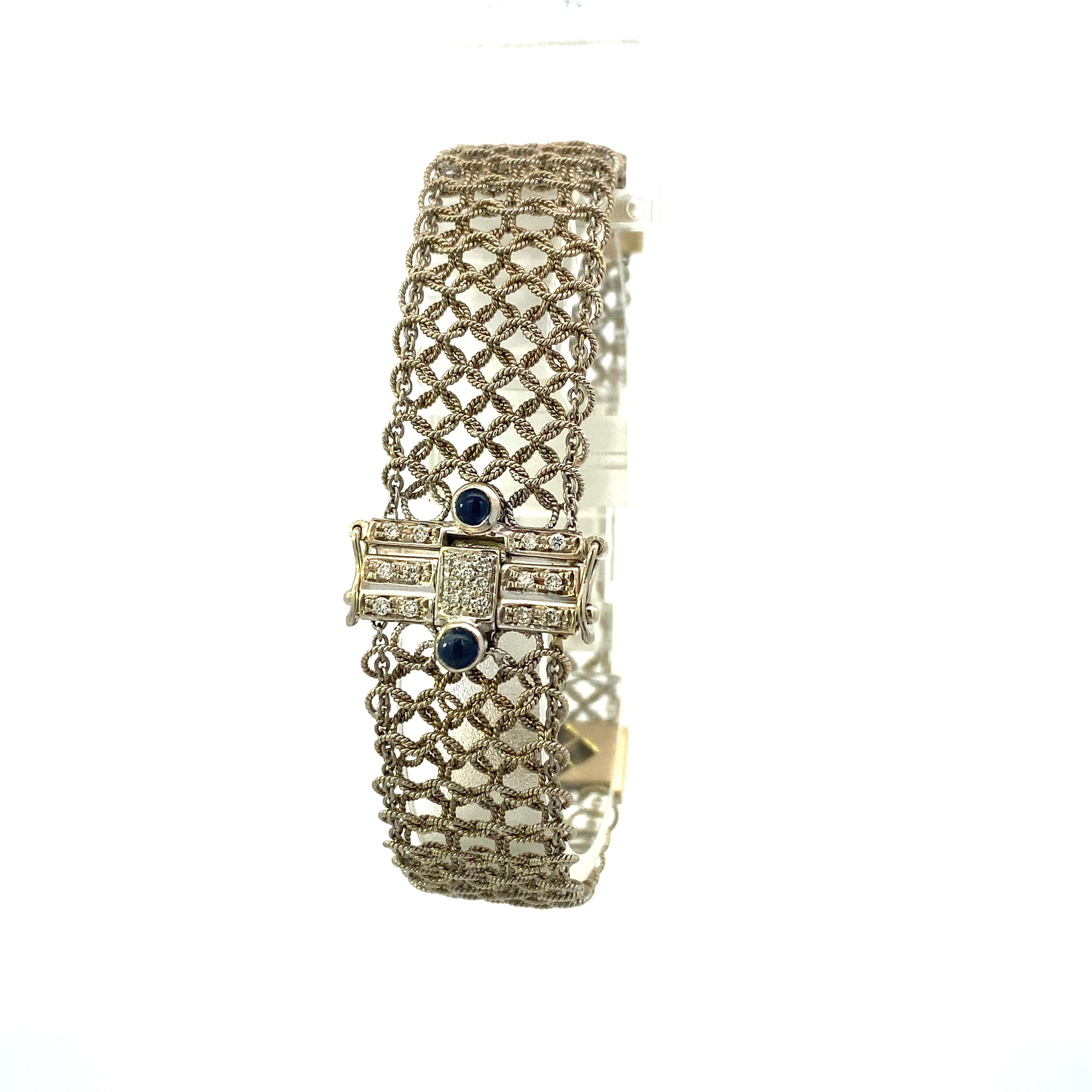 Art Deco White Gold Diamond and Cabochon Sapphire Mesh Bracelet For Sale 1