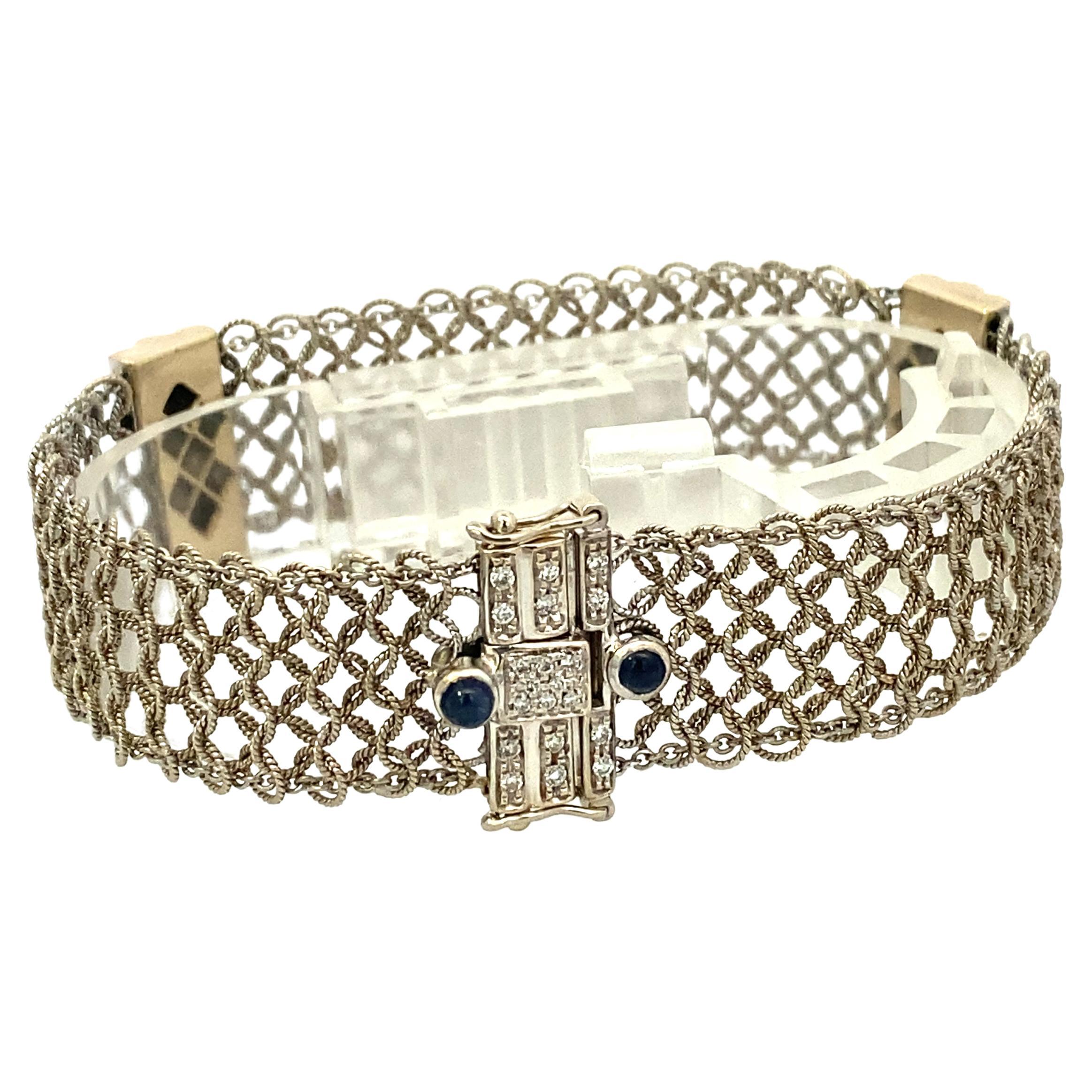 Art Deco White Gold Diamond and Cabochon Sapphire Mesh Bracelet For Sale