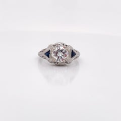 Art Deco White Gold Diamond and Synthetic Sapphire Ring with GIA Report