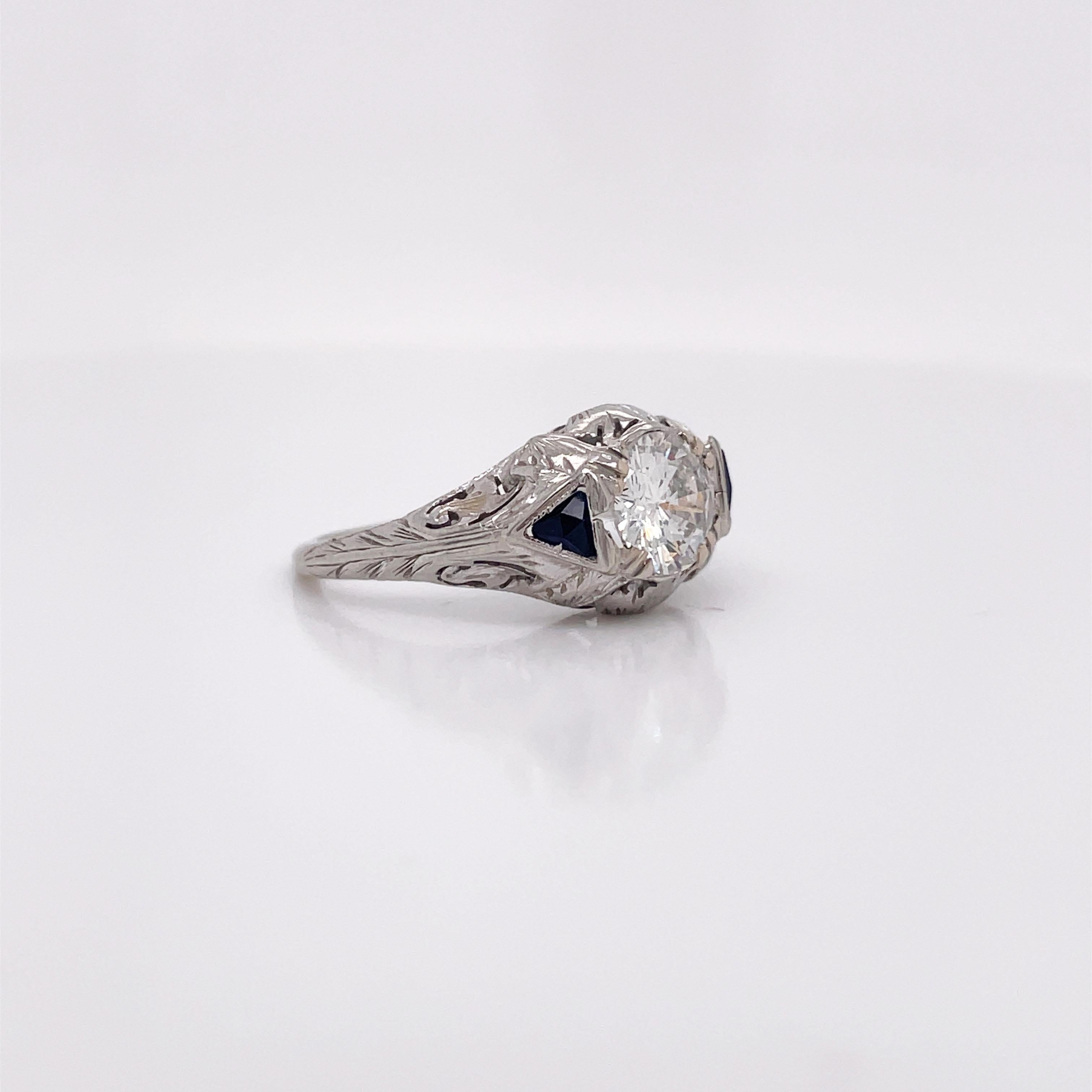 Old European Cut Art Deco White Gold Diamond and Synthetic Sapphire Ring with GIA Report For Sale