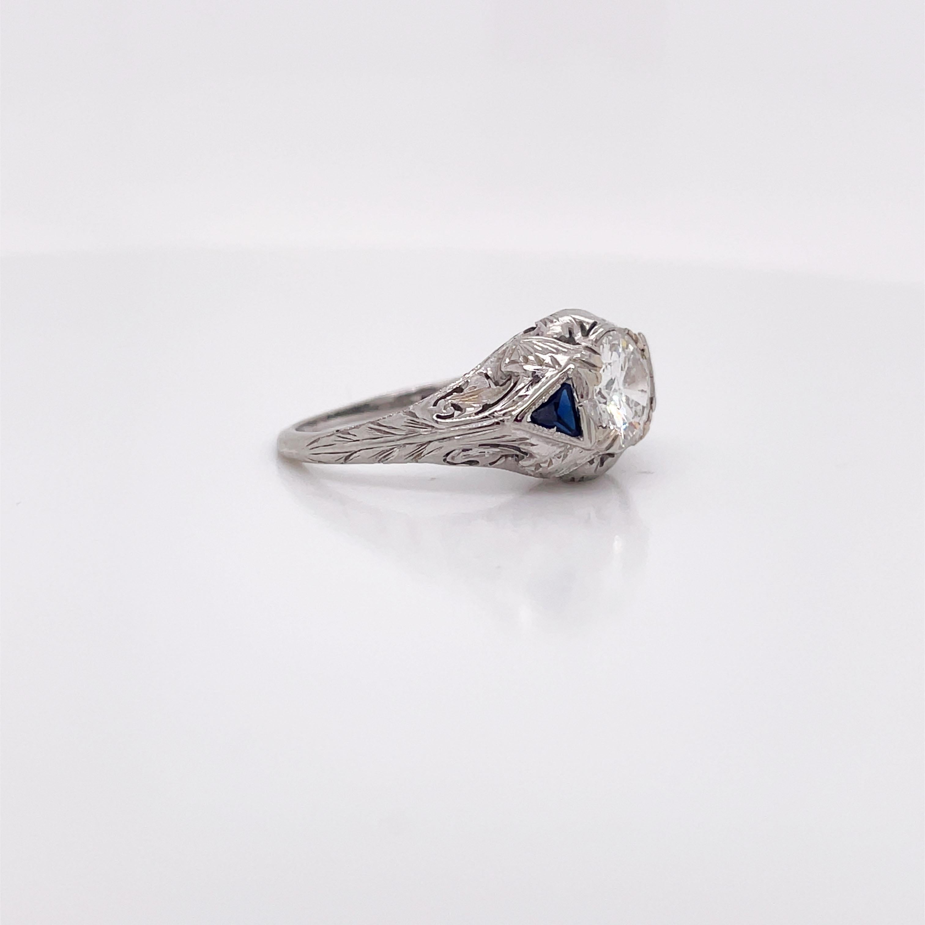Art Deco White Gold Diamond and Synthetic Sapphire Ring with GIA Report In Excellent Condition For Sale In Lexington, KY
