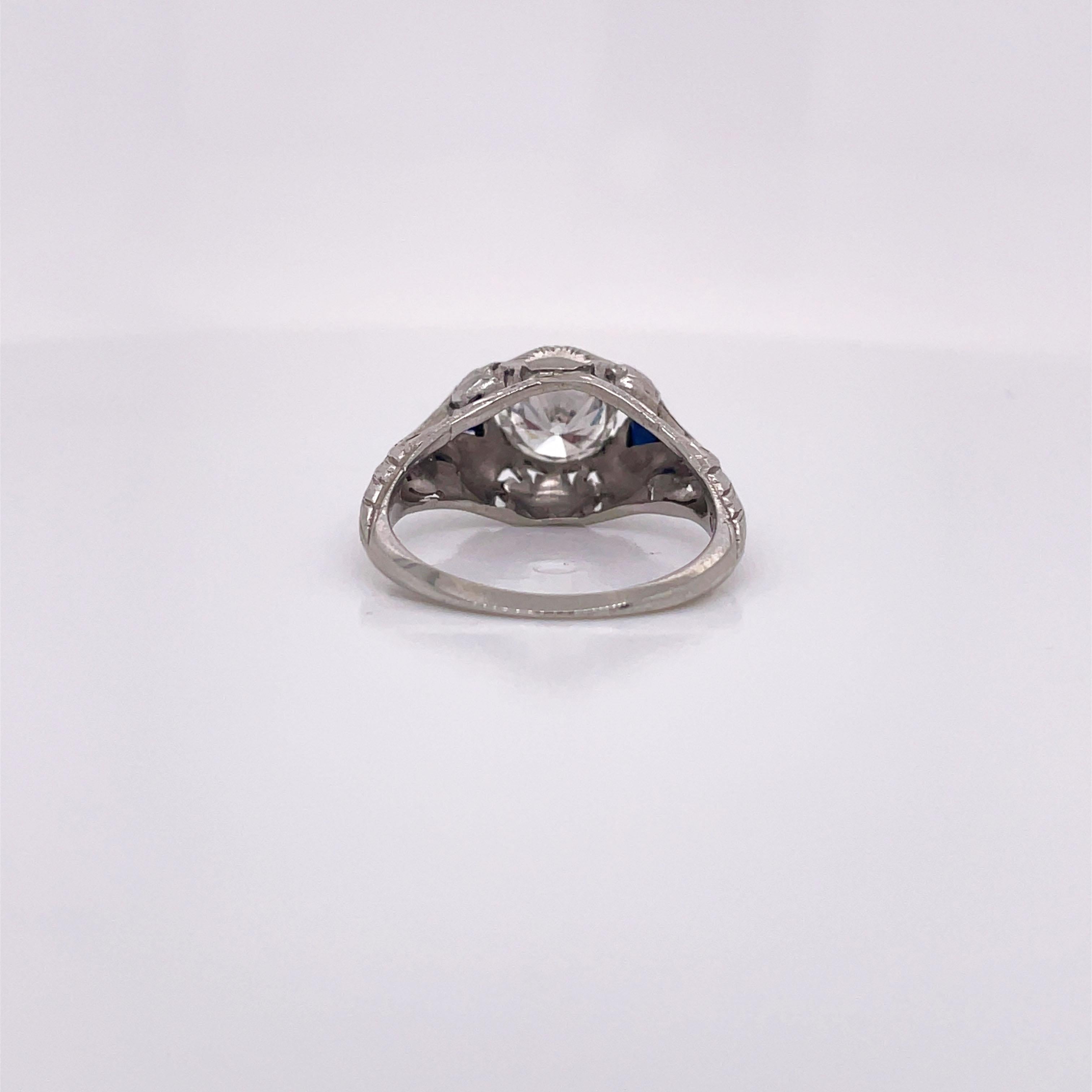 Art Deco White Gold Diamond and Synthetic Sapphire Ring with GIA Report For Sale 1