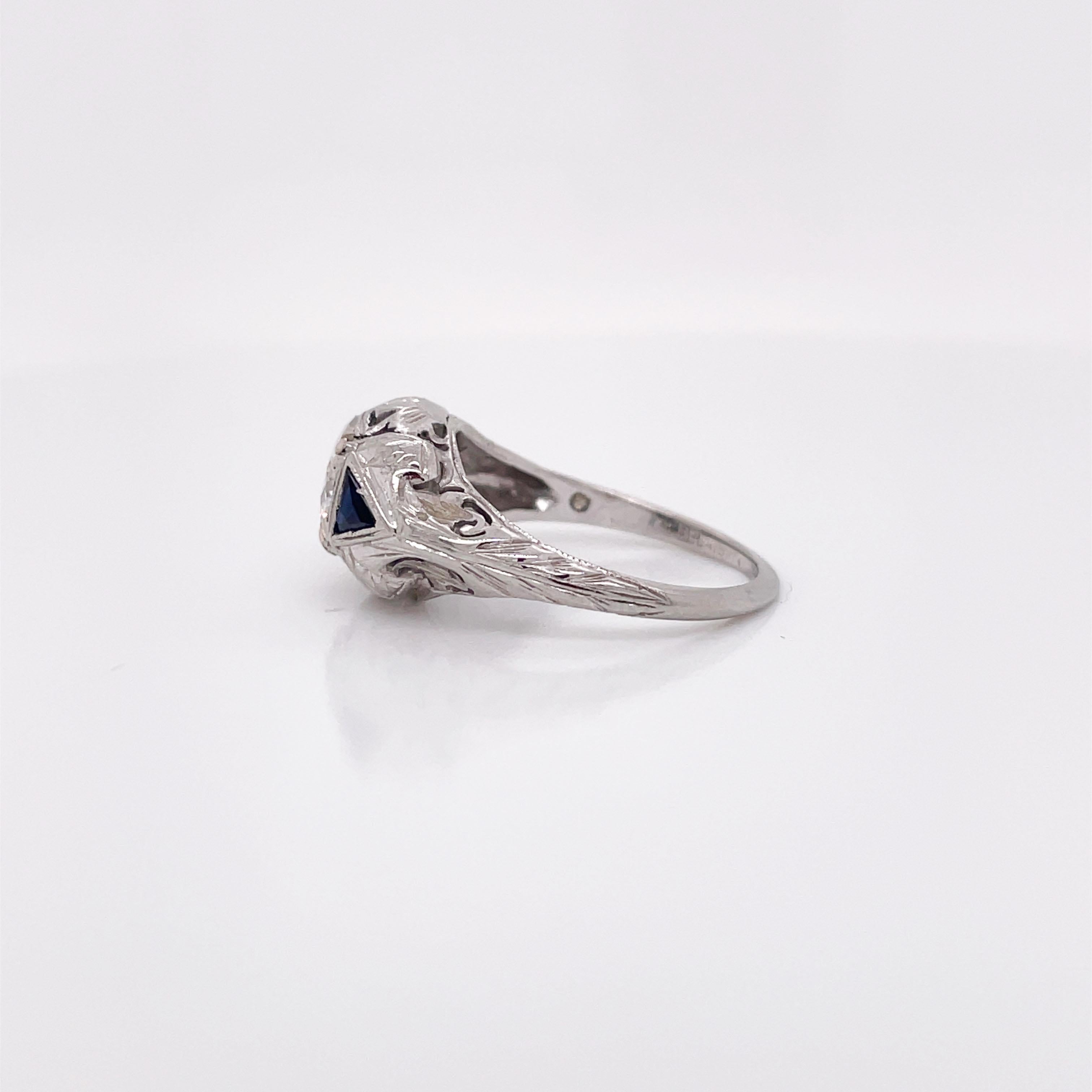 Art Deco White Gold Diamond and Synthetic Sapphire Ring with GIA Report For Sale 2