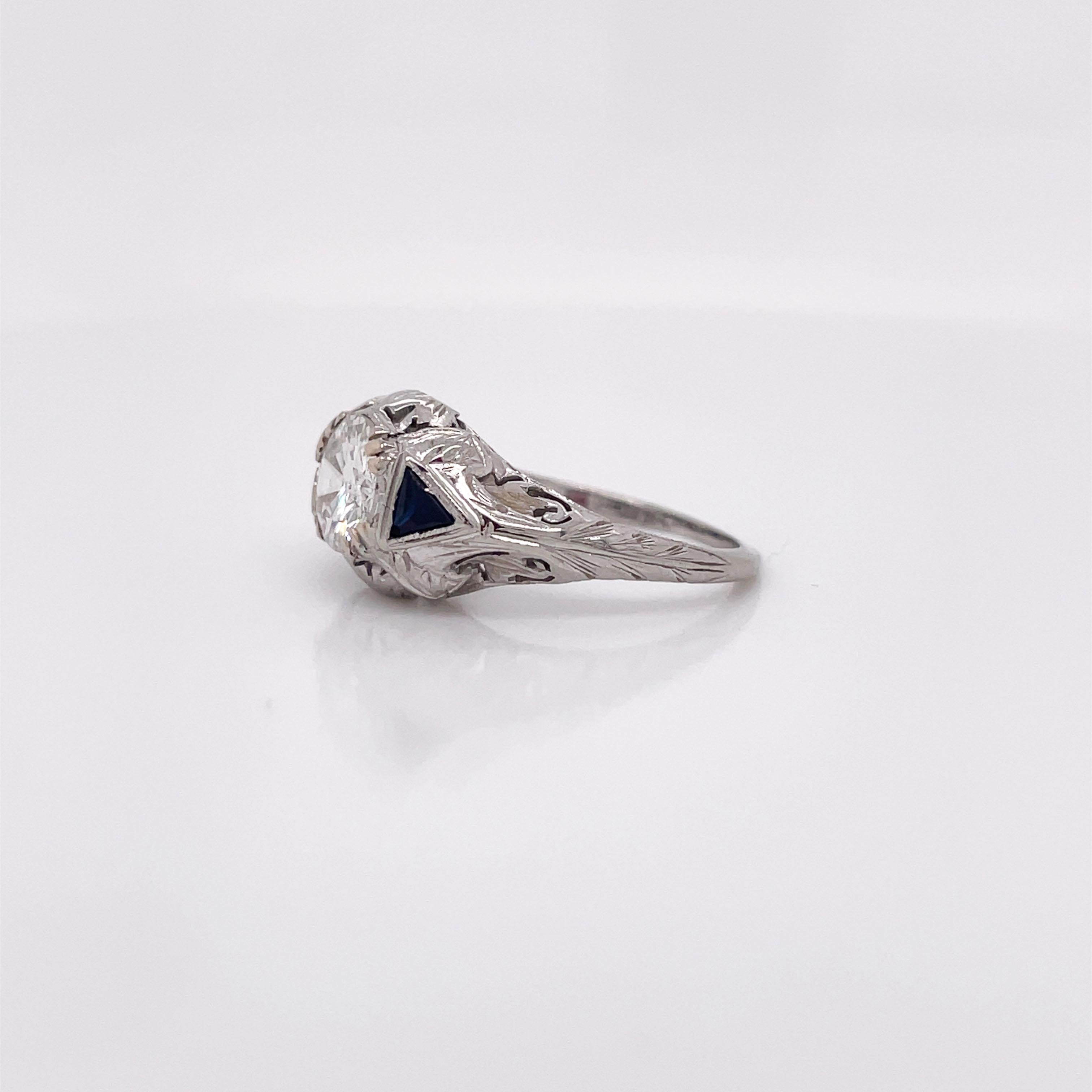 Art Deco White Gold Diamond and Synthetic Sapphire Ring with GIA Report For Sale 3