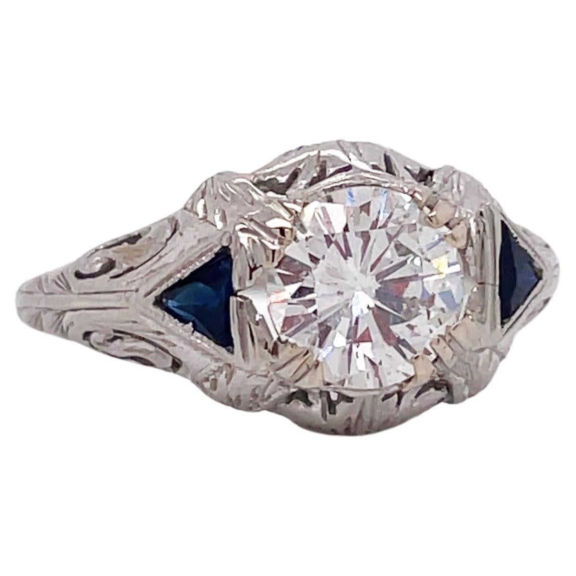 Art Deco White Gold Diamond and Synthetic Sapphire Ring with GIA Report