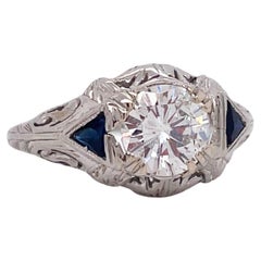 Antique Art Deco White Gold Diamond and Synthetic Sapphire Ring with GIA Report