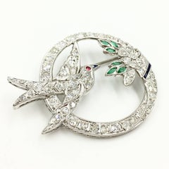 Art Deco Style White Gold Diamond Bird and Flower Brooch