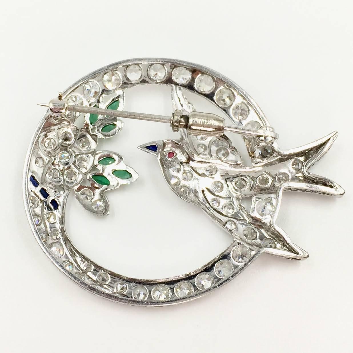 Art Deco Style White Gold Diamond Bird and Flower Brooch For Sale 1