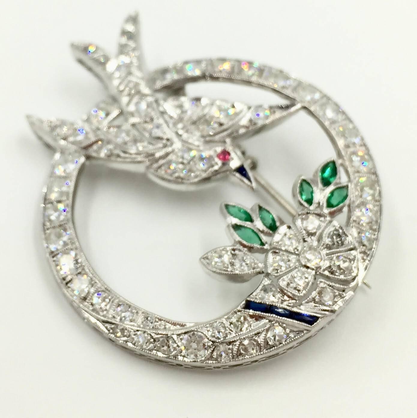 Women's Art Deco Style White Gold Diamond Bird and Flower Brooch For Sale