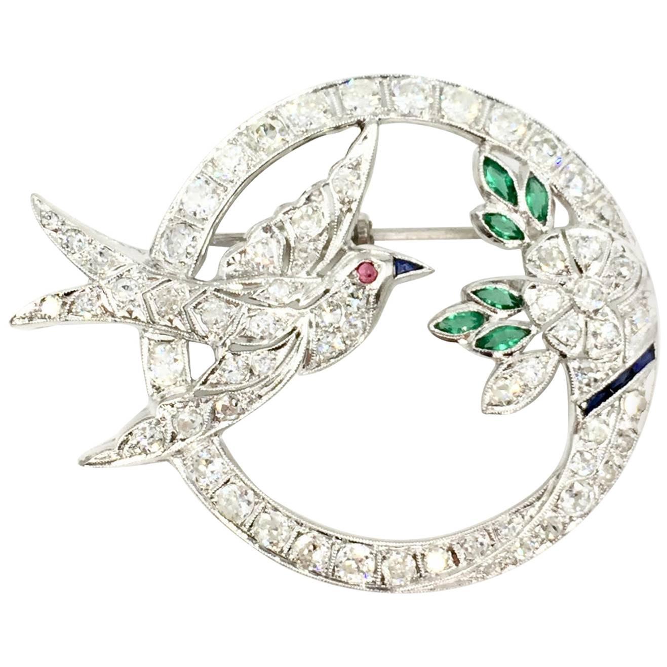 Art Deco Style White Gold Diamond Bird and Flower Brooch For Sale