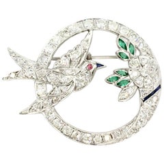 Vintage Art Deco Style White Gold Diamond Bird and Flower Brooch