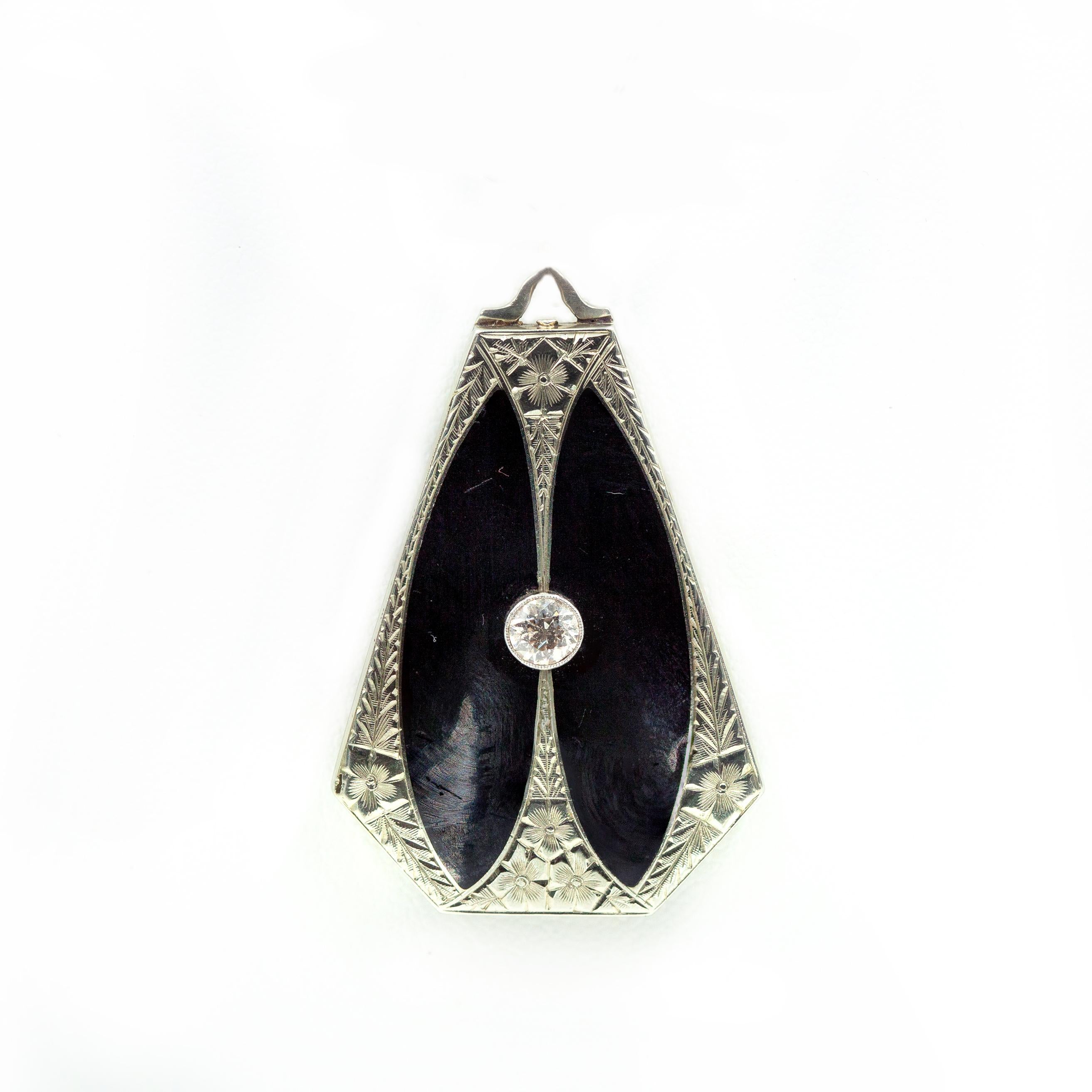 Old European Cut Art Deco White Gold Diamond Onyx Memorial Locket Pendant Necklace For Sale
