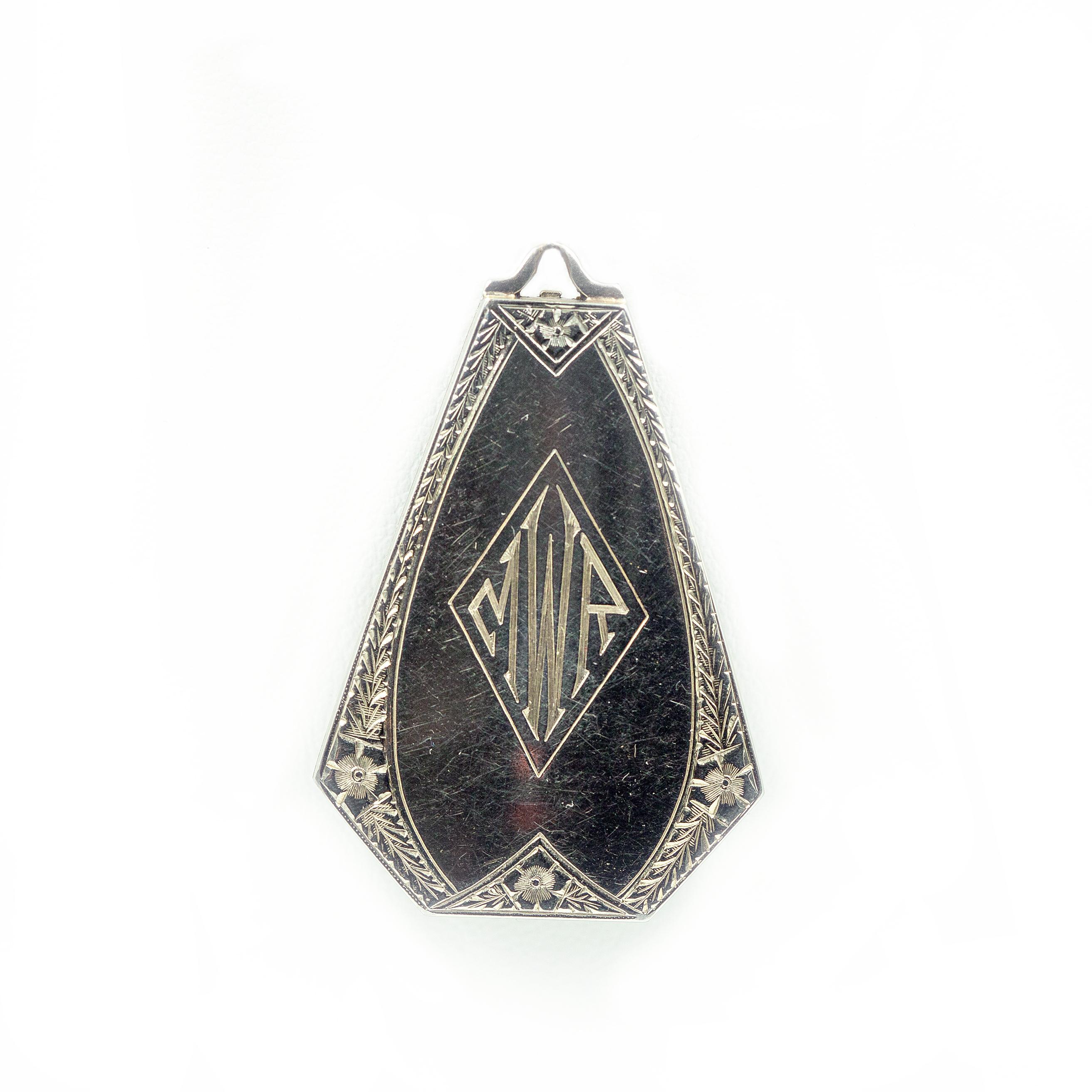Women's or Men's Art Deco White Gold Diamond Onyx Memorial Locket Pendant Necklace For Sale