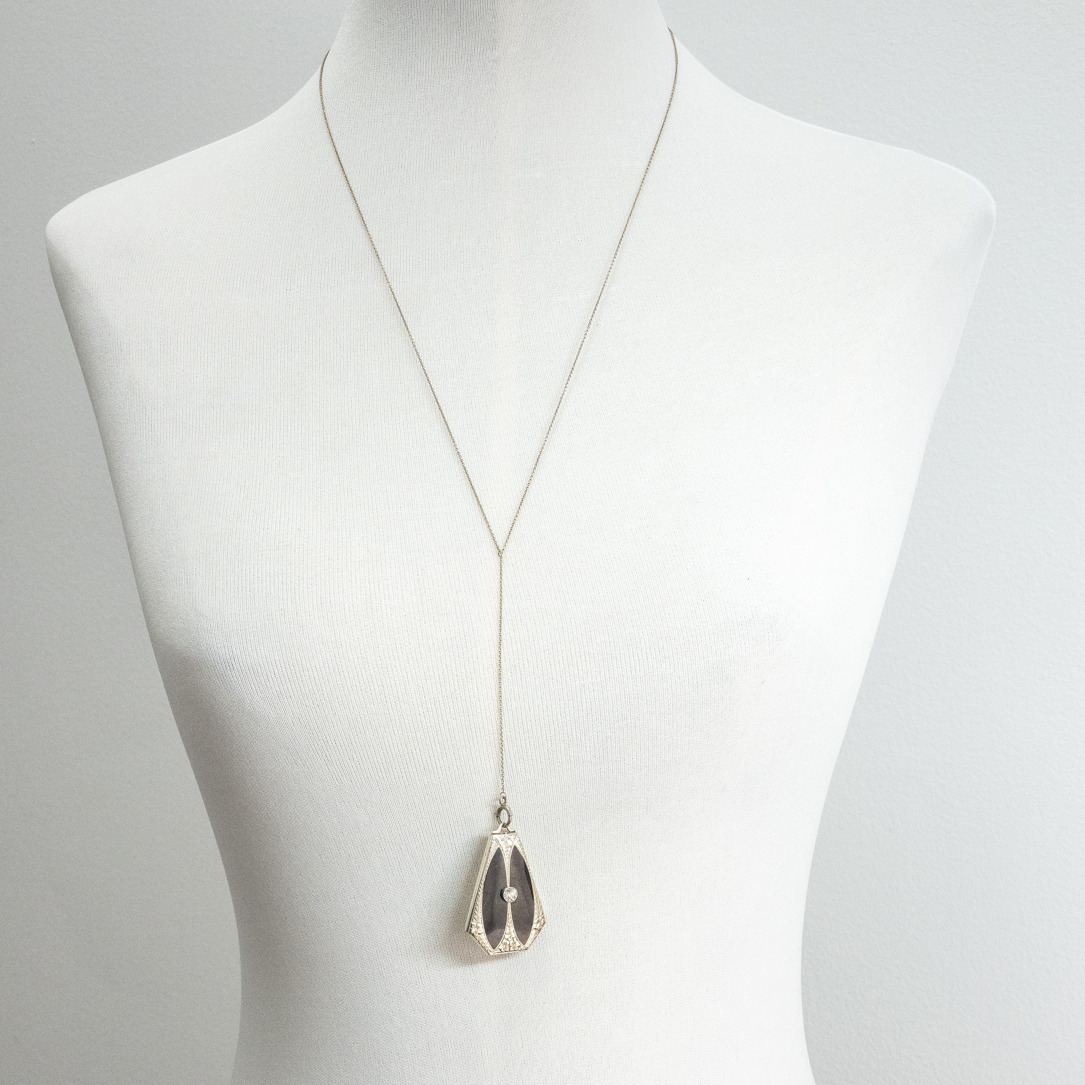 Art Deco White Gold Diamond Onyx Memorial Locket Pendant Necklace For Sale 1
