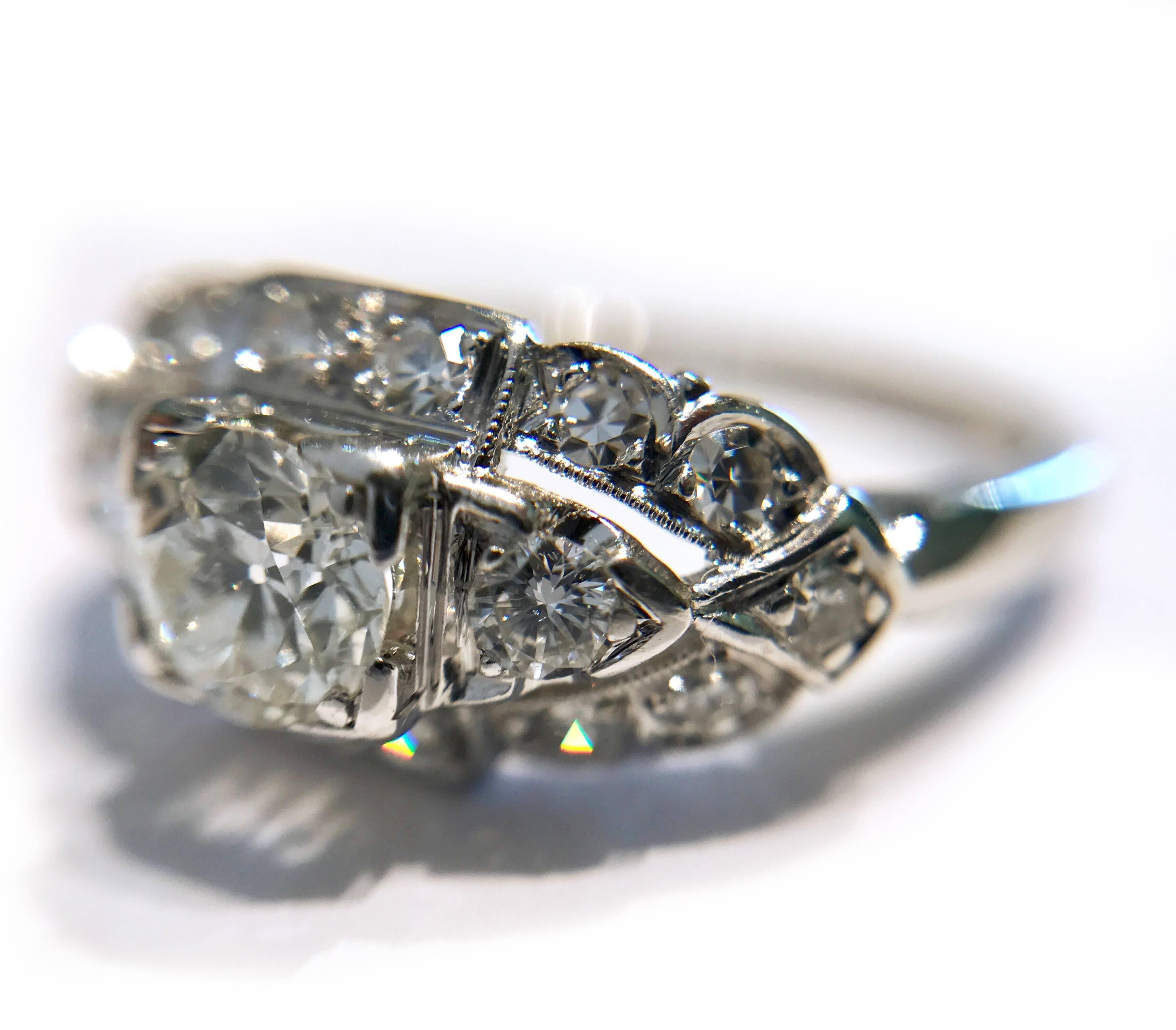 Round Cut Art Deco White Gold Diamond Ring, 0.78 Carat