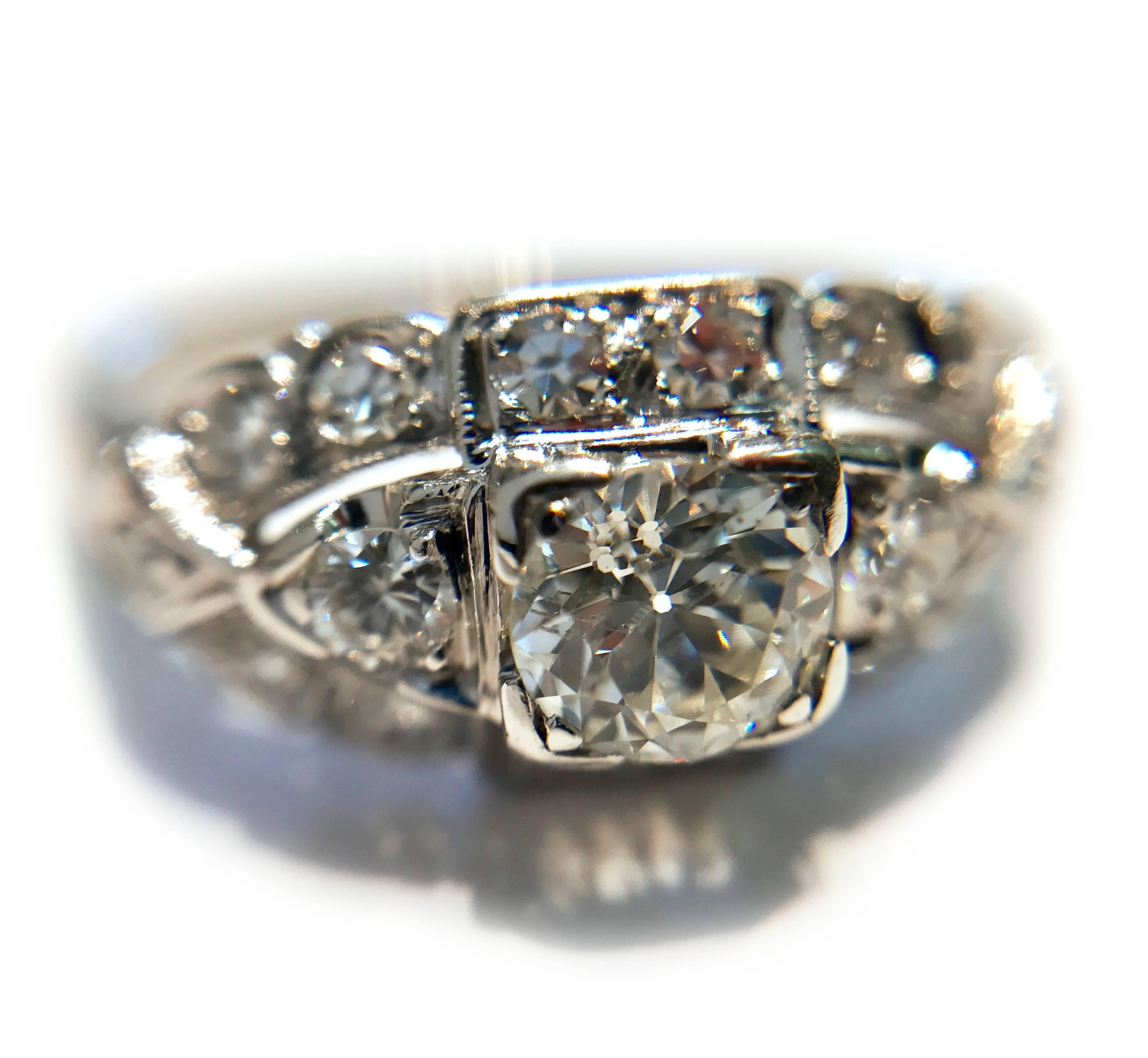 Women's or Men's Art Deco White Gold Diamond Ring, 0.78 Carat