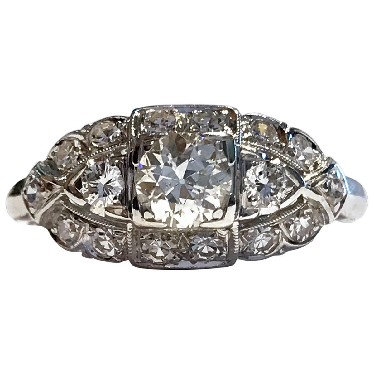 Art Deco White Gold Diamond Ring, 0.78 Carat